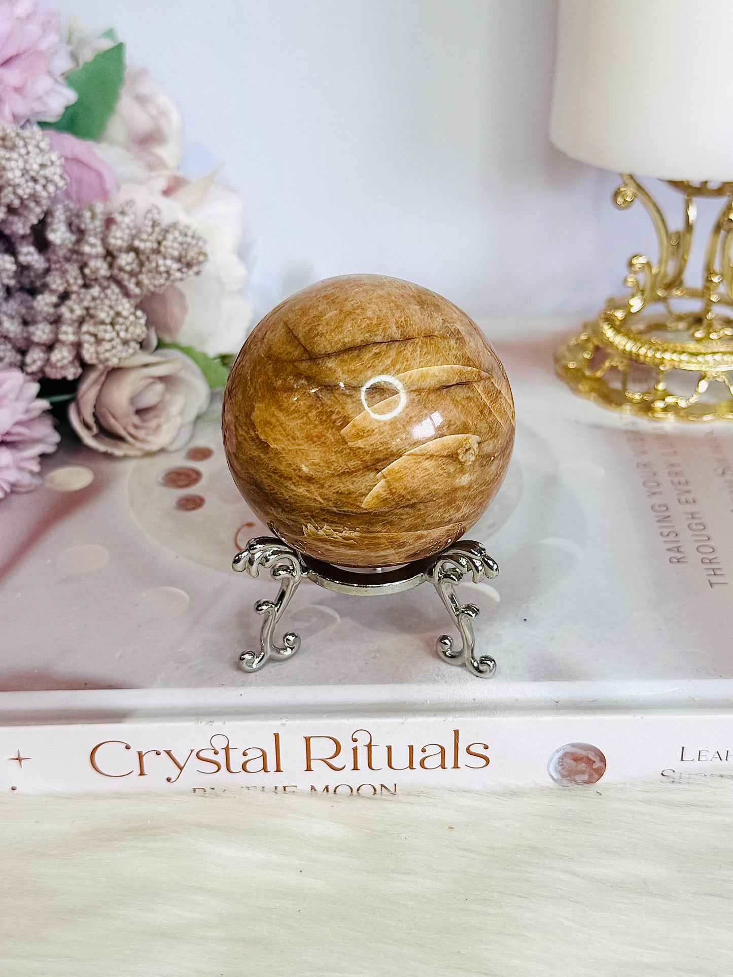 Natural Moonstone Carved Sphere 238grams On Stand