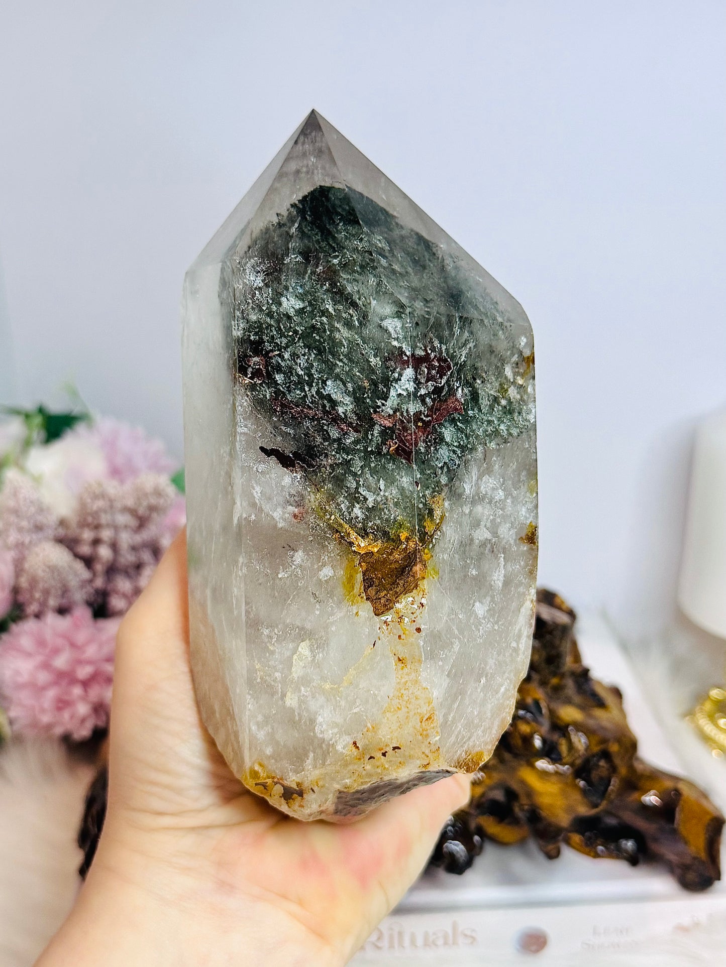 Huge Natural Garden Quartz Tower on Wooden Base 21cm Tall 19cm Wide 1.6KG