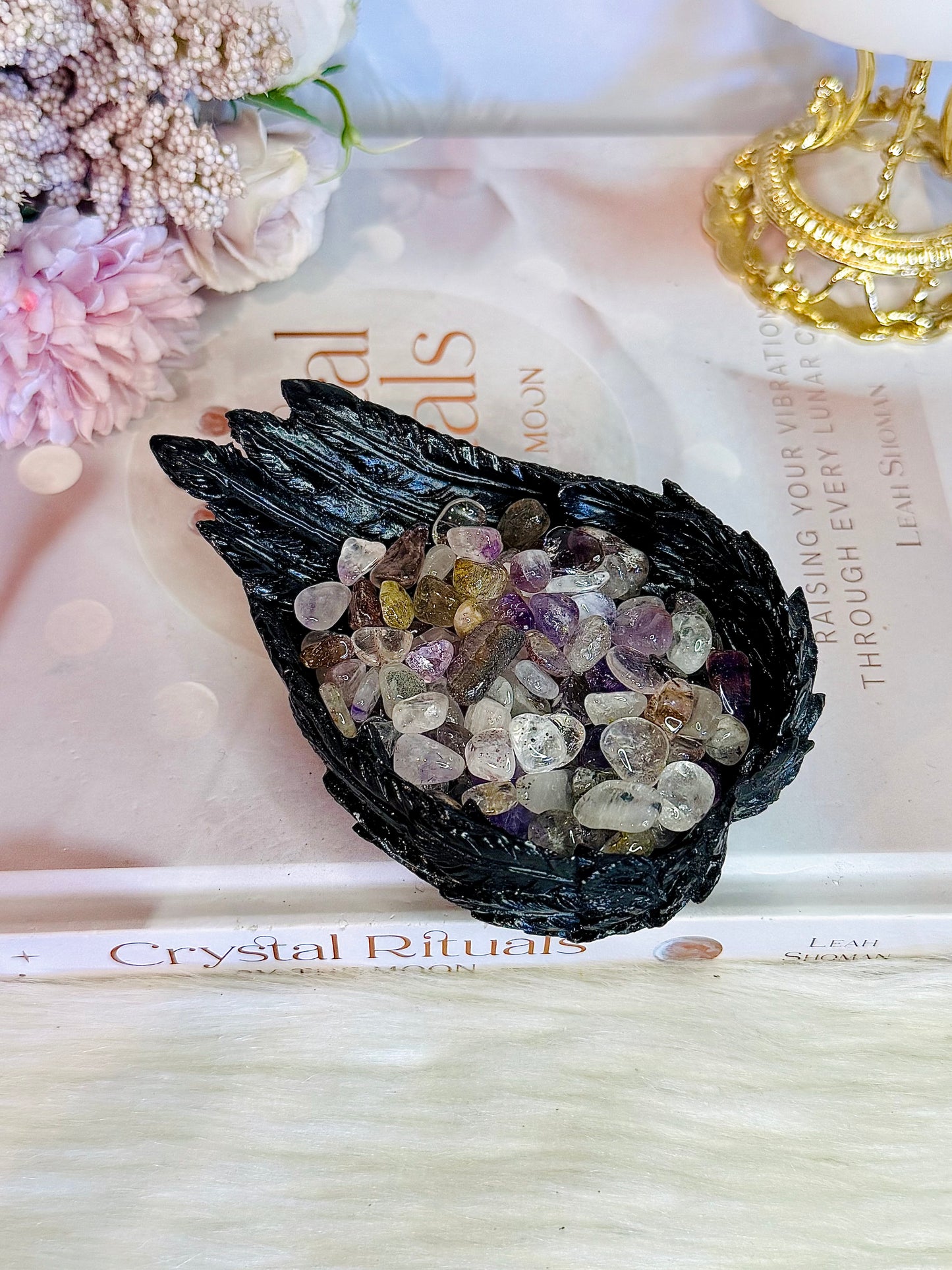 Beautiful Black Angel Wings Filled with Gorgeous Super Seven Chips