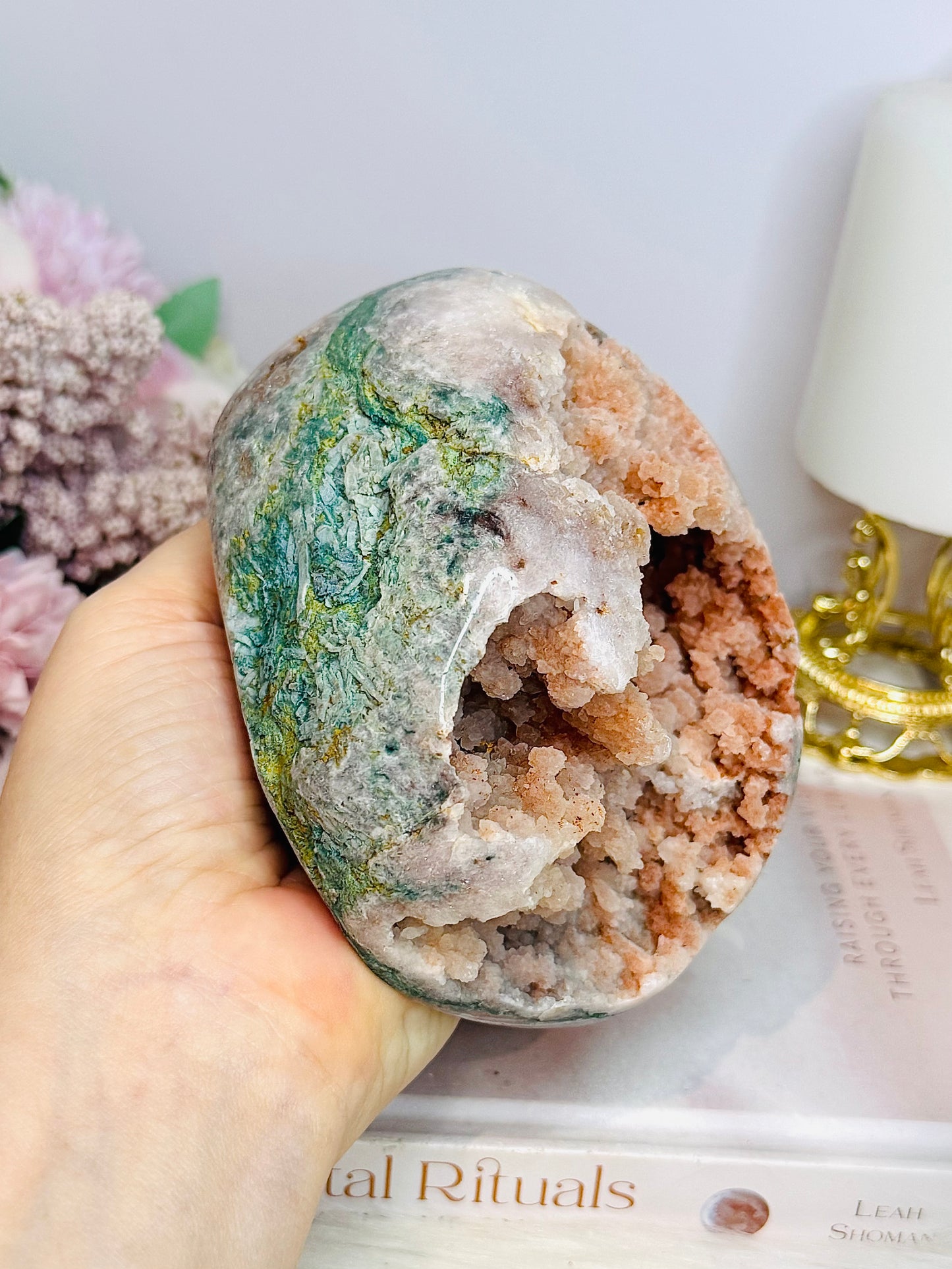 Large Natural Pink Amethyst Base Cut Freeform Cluster with Green Jasper Inclusions 762g