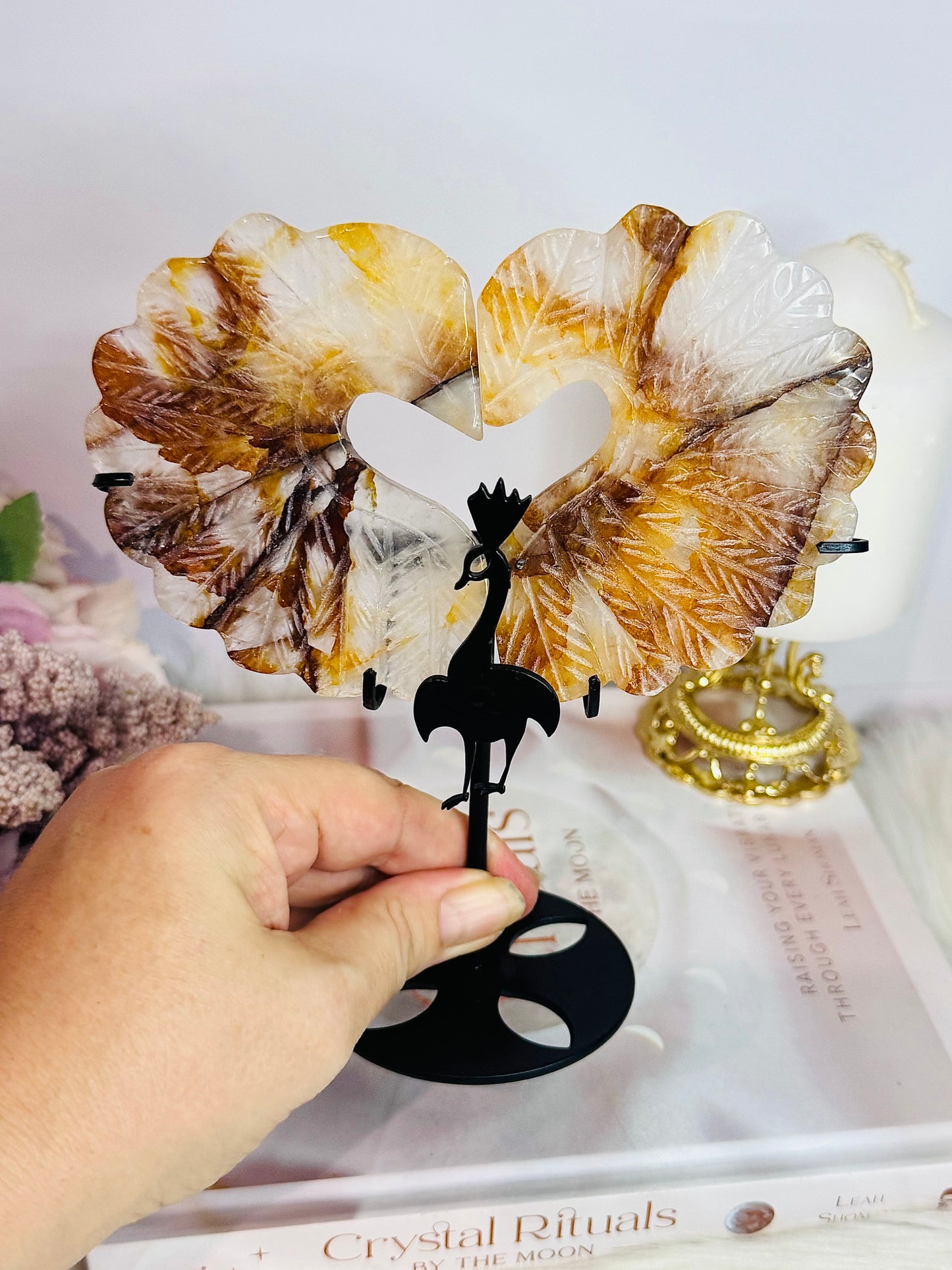 Stunning Golden Healer Carved Peacock On Stand 16.5cm Tall