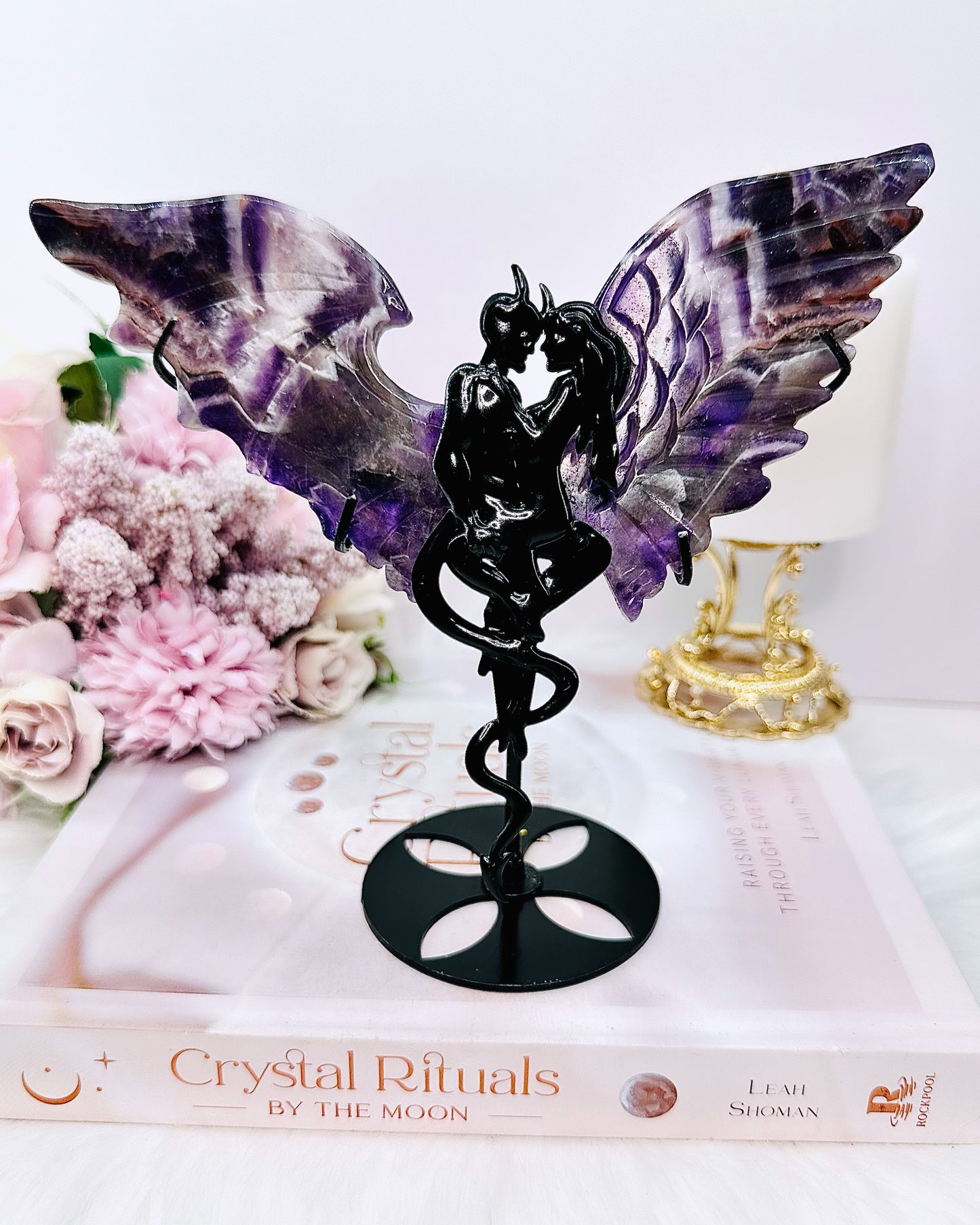 Absolutely Stunning Dream | Chevron Amethyst Carved Wings on Black Devil Stand 19cm Tall