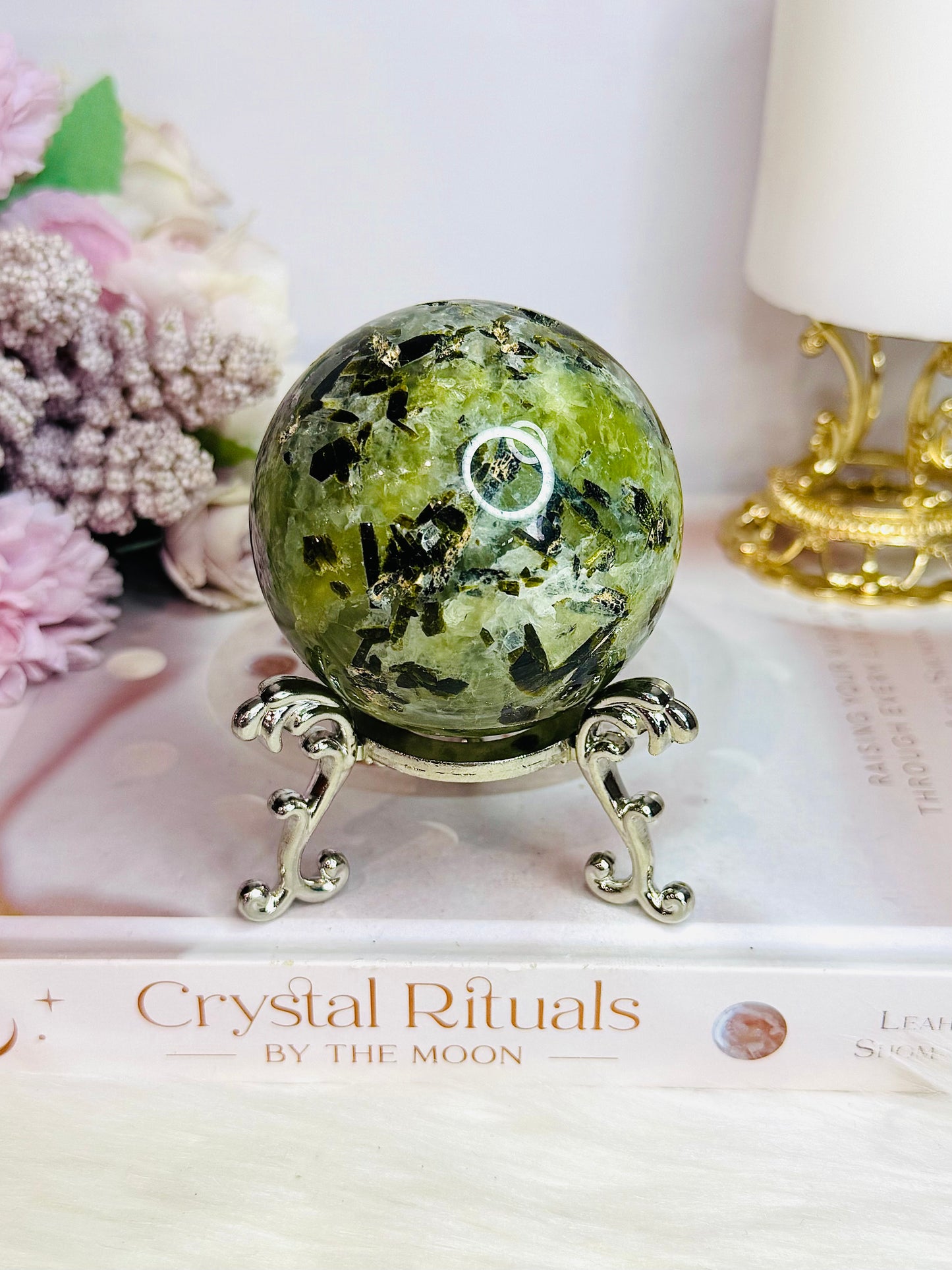 Large Prehnite with Epidote Sphere on Stand 412g (Sphere has an imperfection)