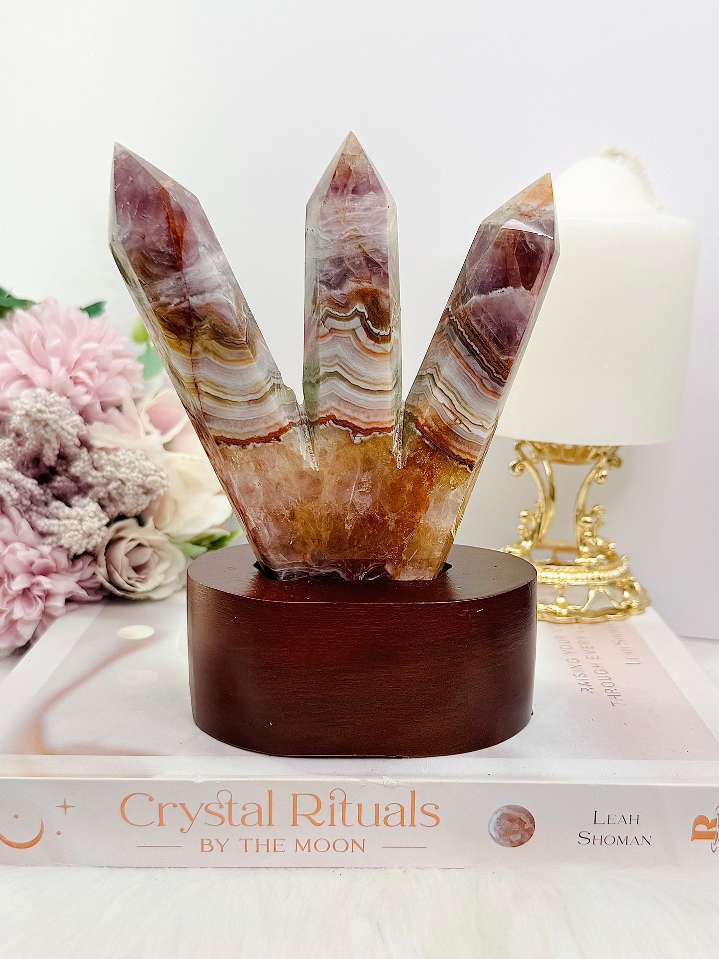 Gorgeous 15cm Tall Triple Amethyst X Agate Point Towers on Timber Stand