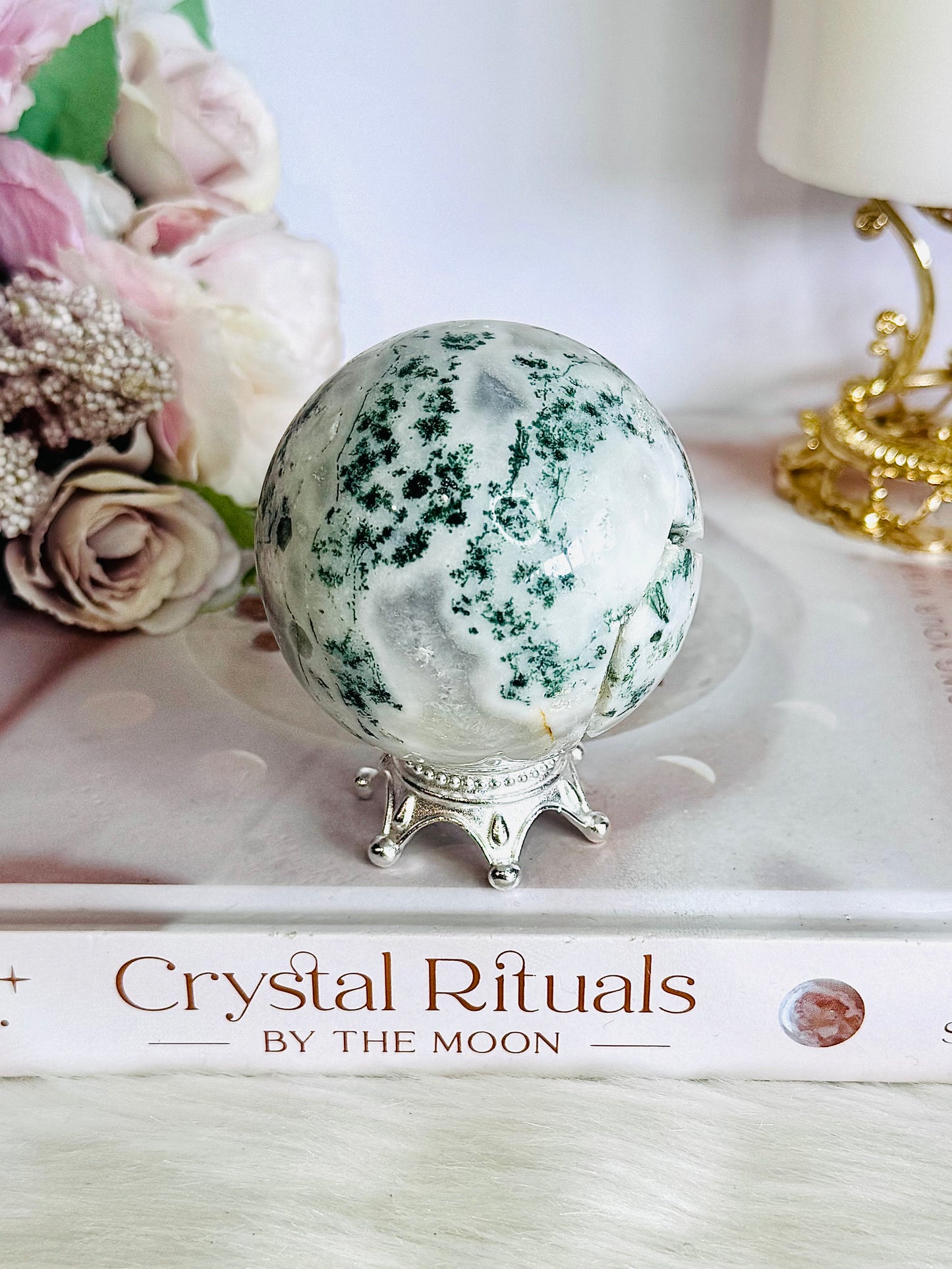 Peace & Tranquility ~ Moss Agate Sphere 269grams On Stand (Sphere has imperfections see pics)