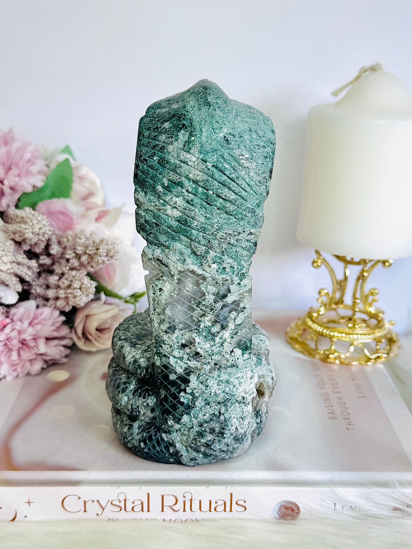 Moss Agate Large Carved Snake | Cobra 16cm
