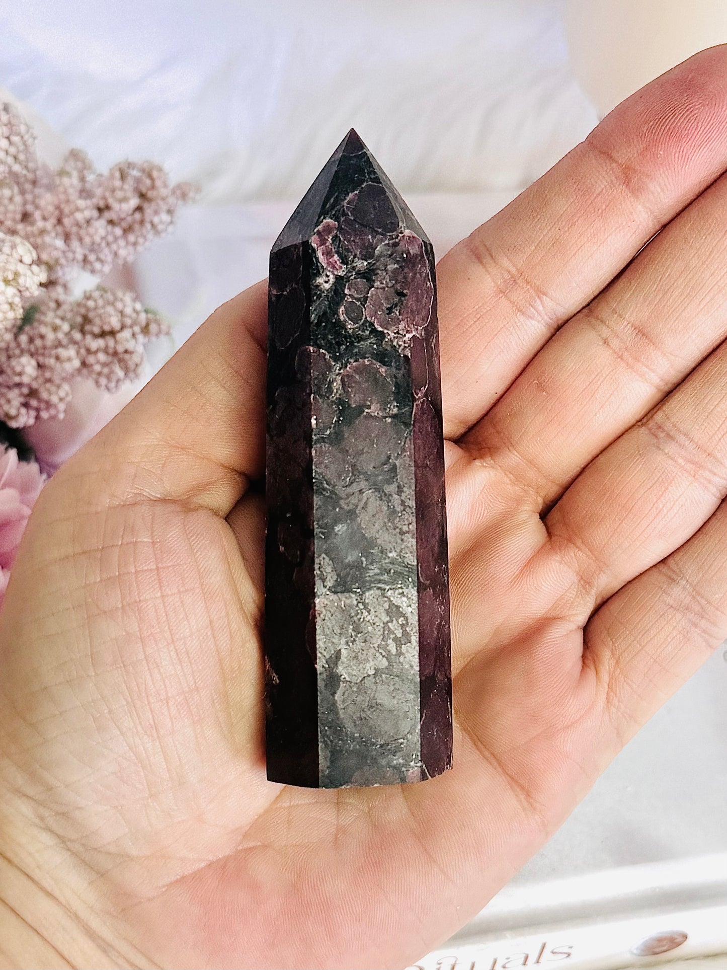 Natural Garnet In Astrophyllite 9cm Tower