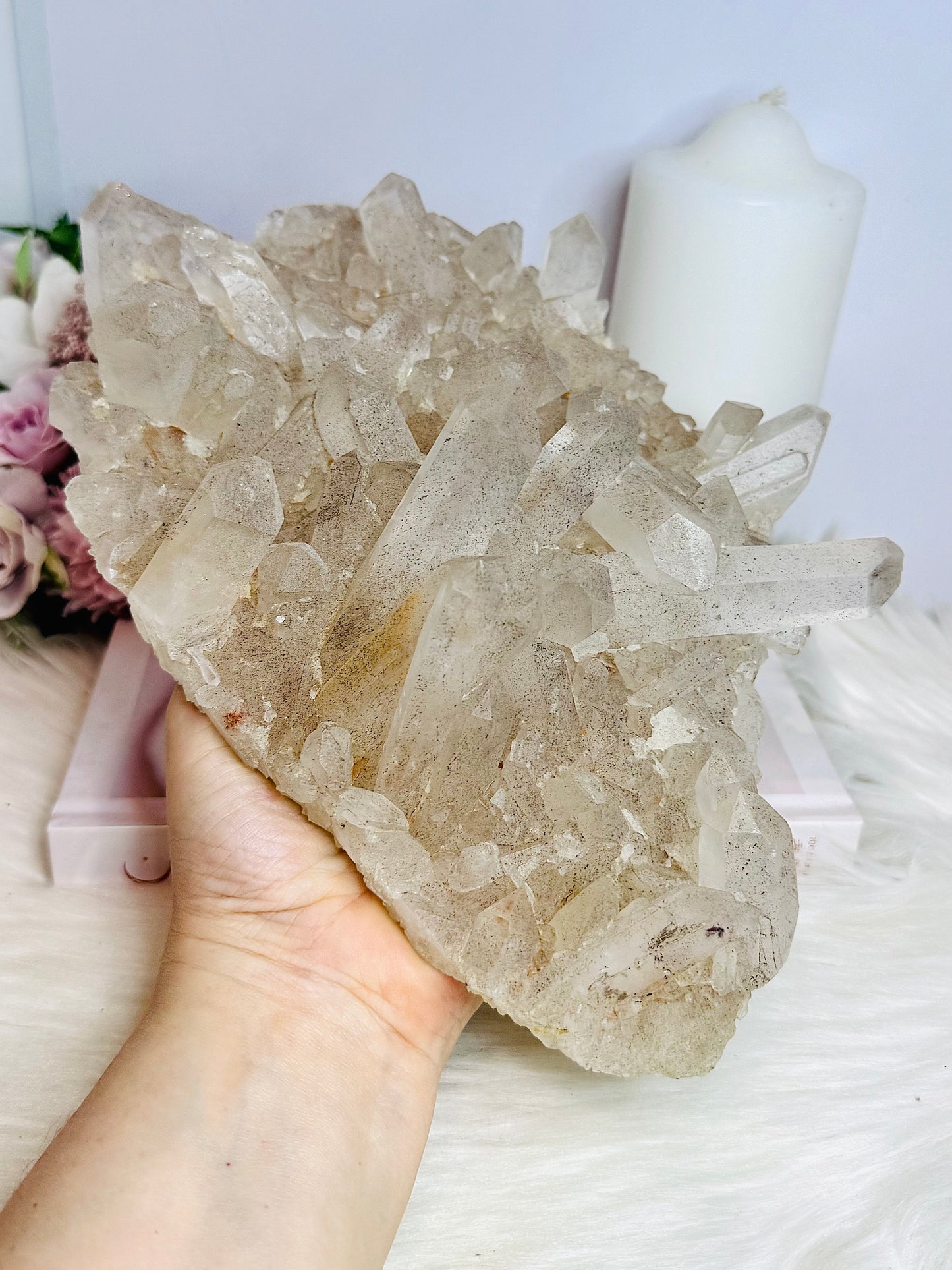 Huge Quartz  Cluster Specimen with Goethite Inclusions (black specks) 25cm 1.45KG