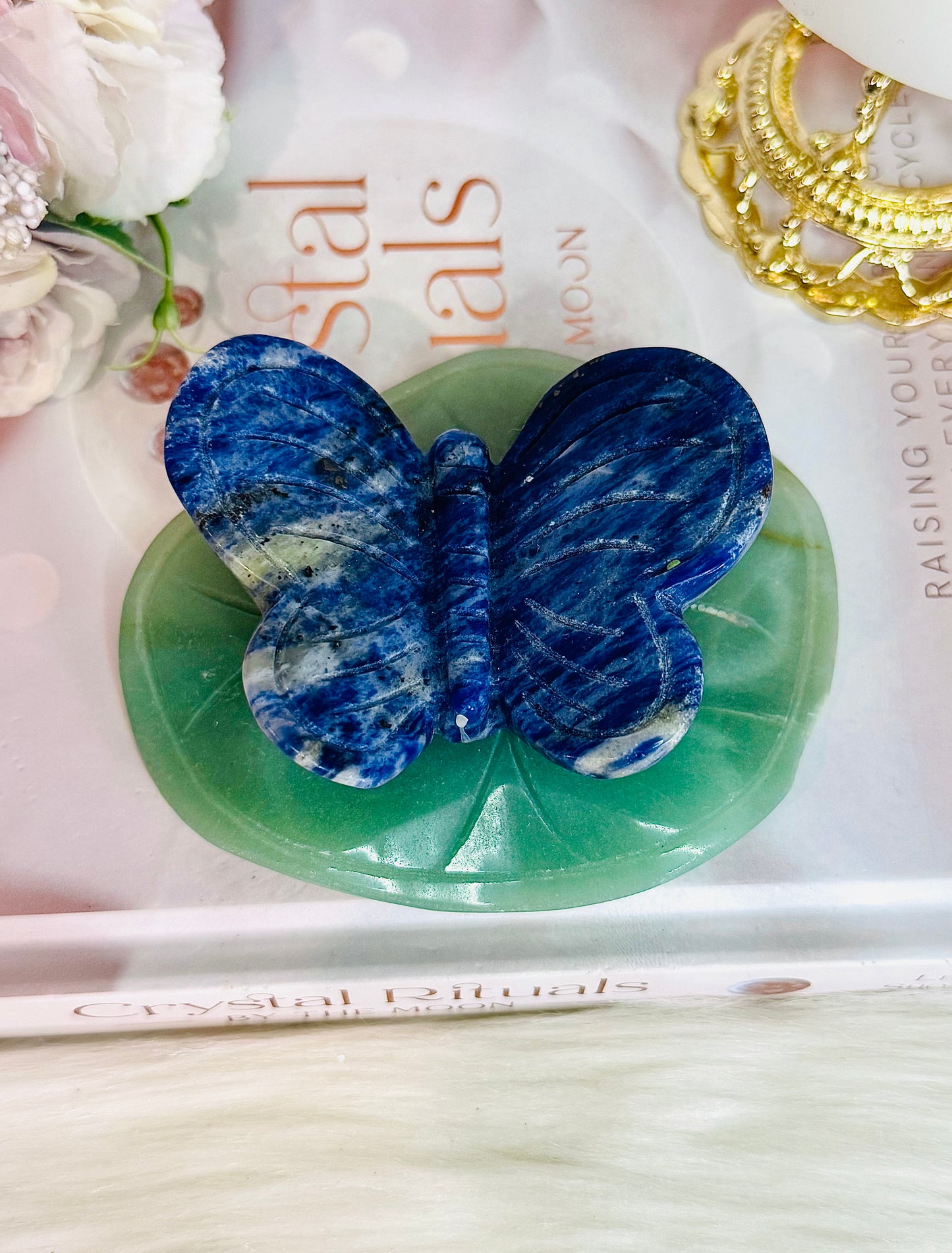 Beautiful Large Blue Sodalite Carved Butterfly On Green Aventurine Lillypad / Leaf 10cm