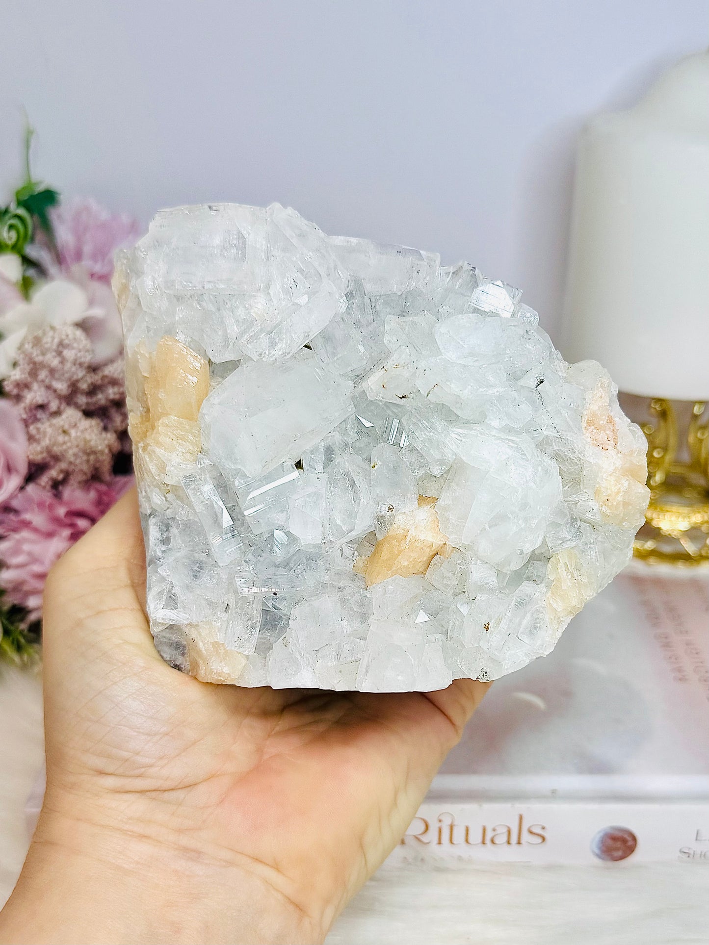 Large Natural Apophyllite with Calcite Freeform 640g