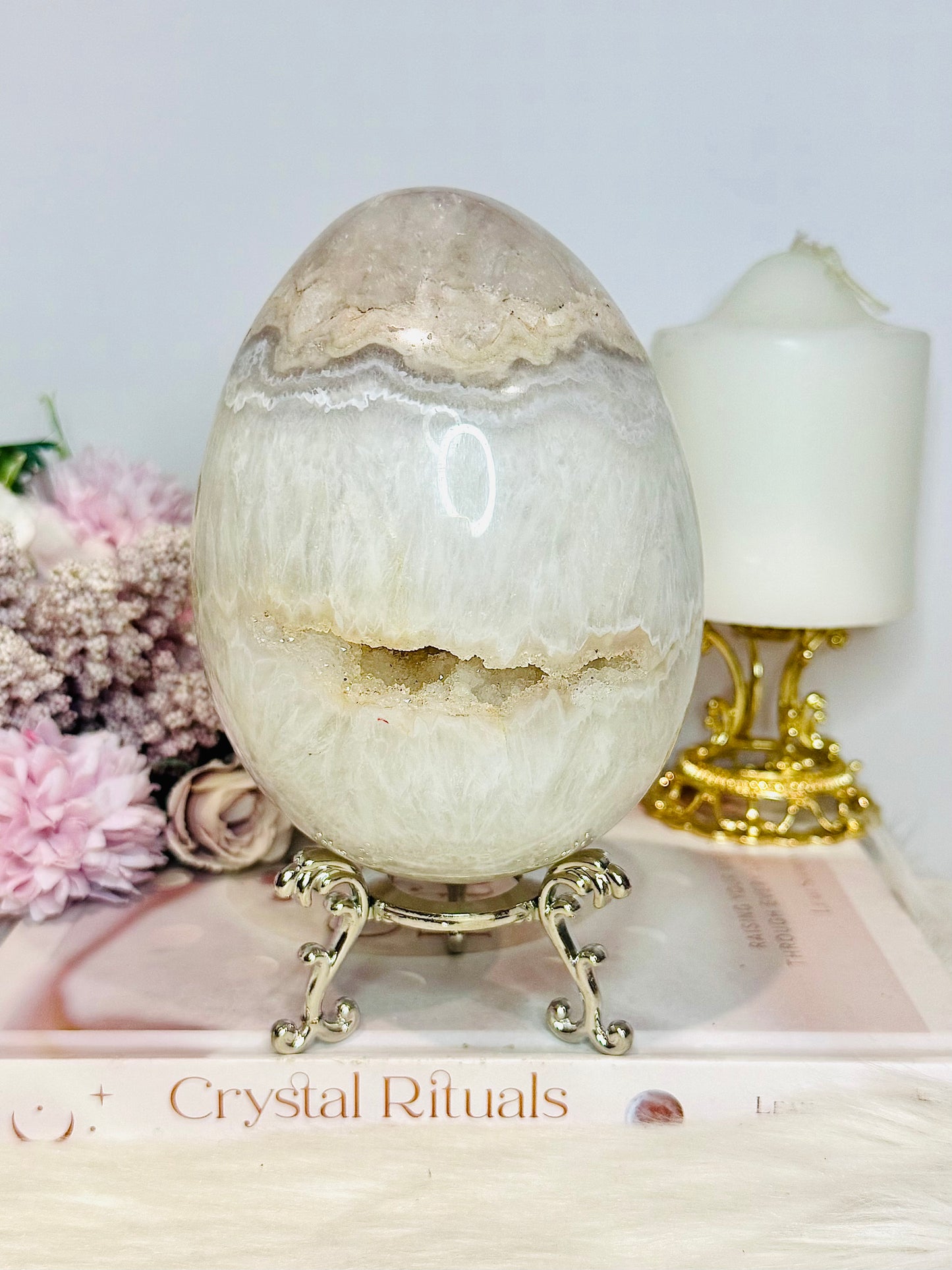 Huge Druzy Agate Carved Egg On Stand 1.75KG