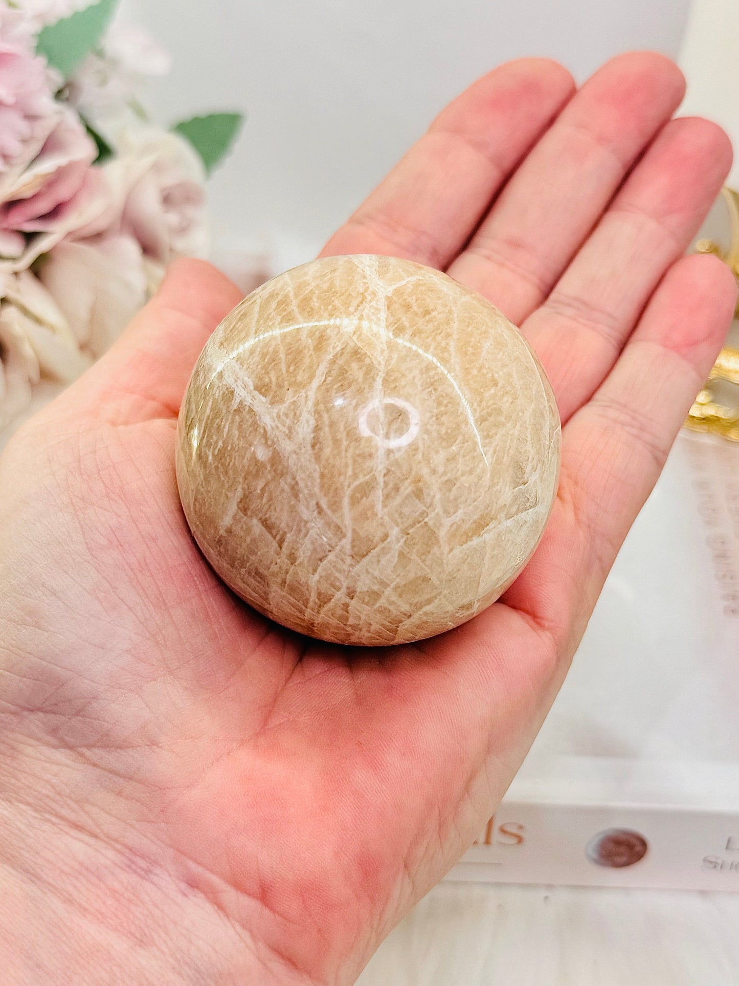 Peach Moonstone Sphere with Flash on Stand 223g