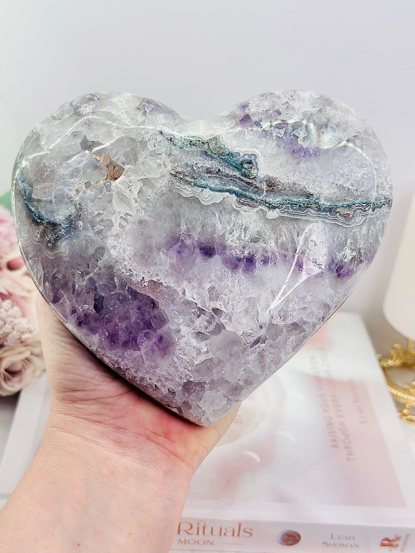 Fabulous High Grade Large 15cm 978gram Druzy Pink Amethyst Heart On Stand