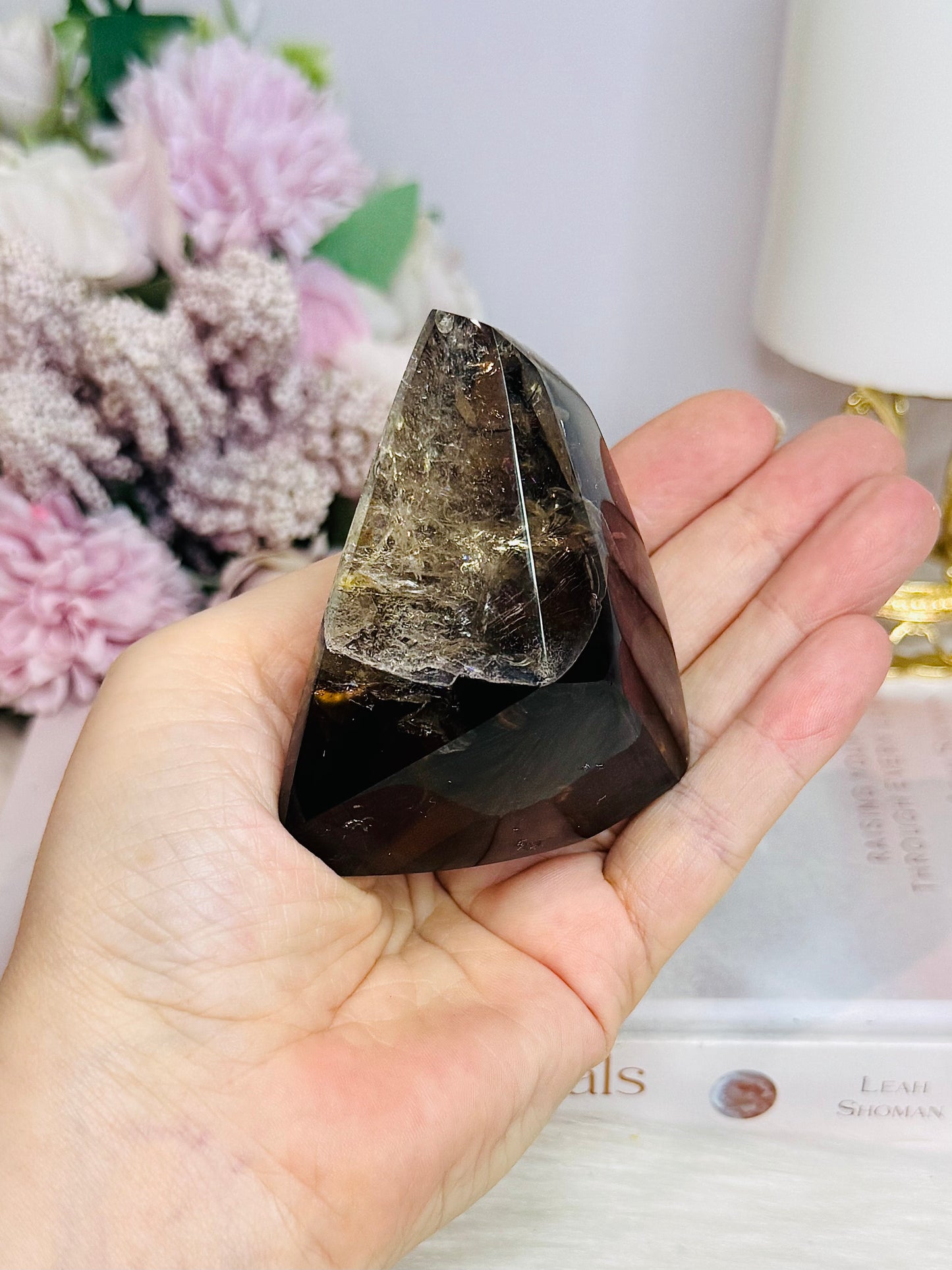 High Grade Smokey Quartz Polished Freeform With Rainbows On Stand 375g