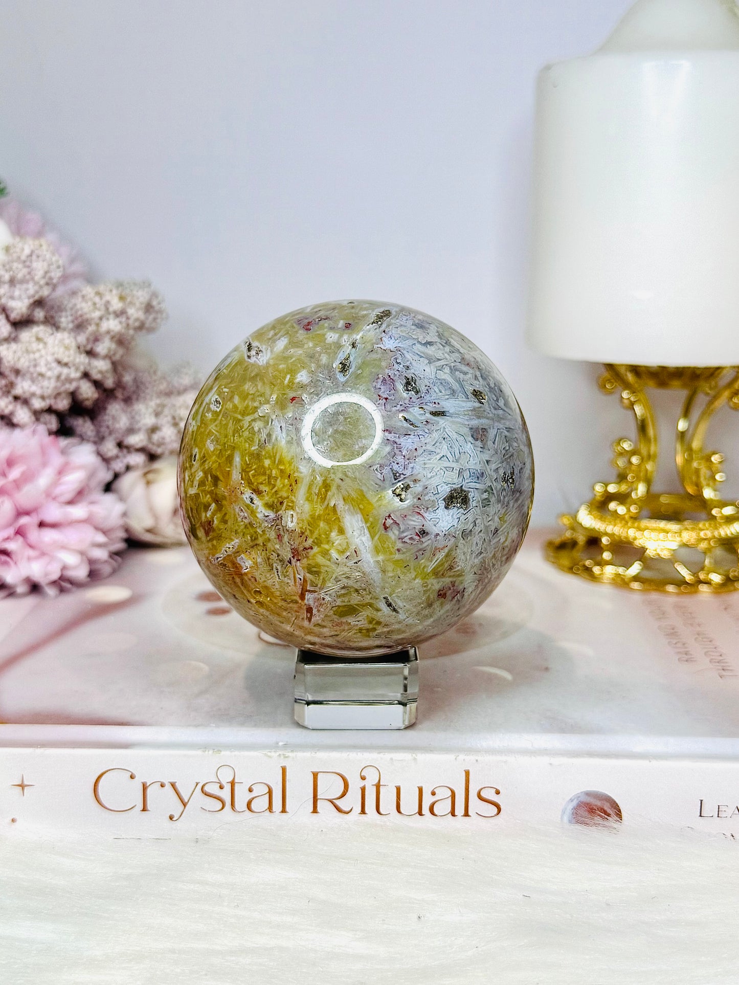Ocean Jasper Rutile Sphere 468g On Stand
