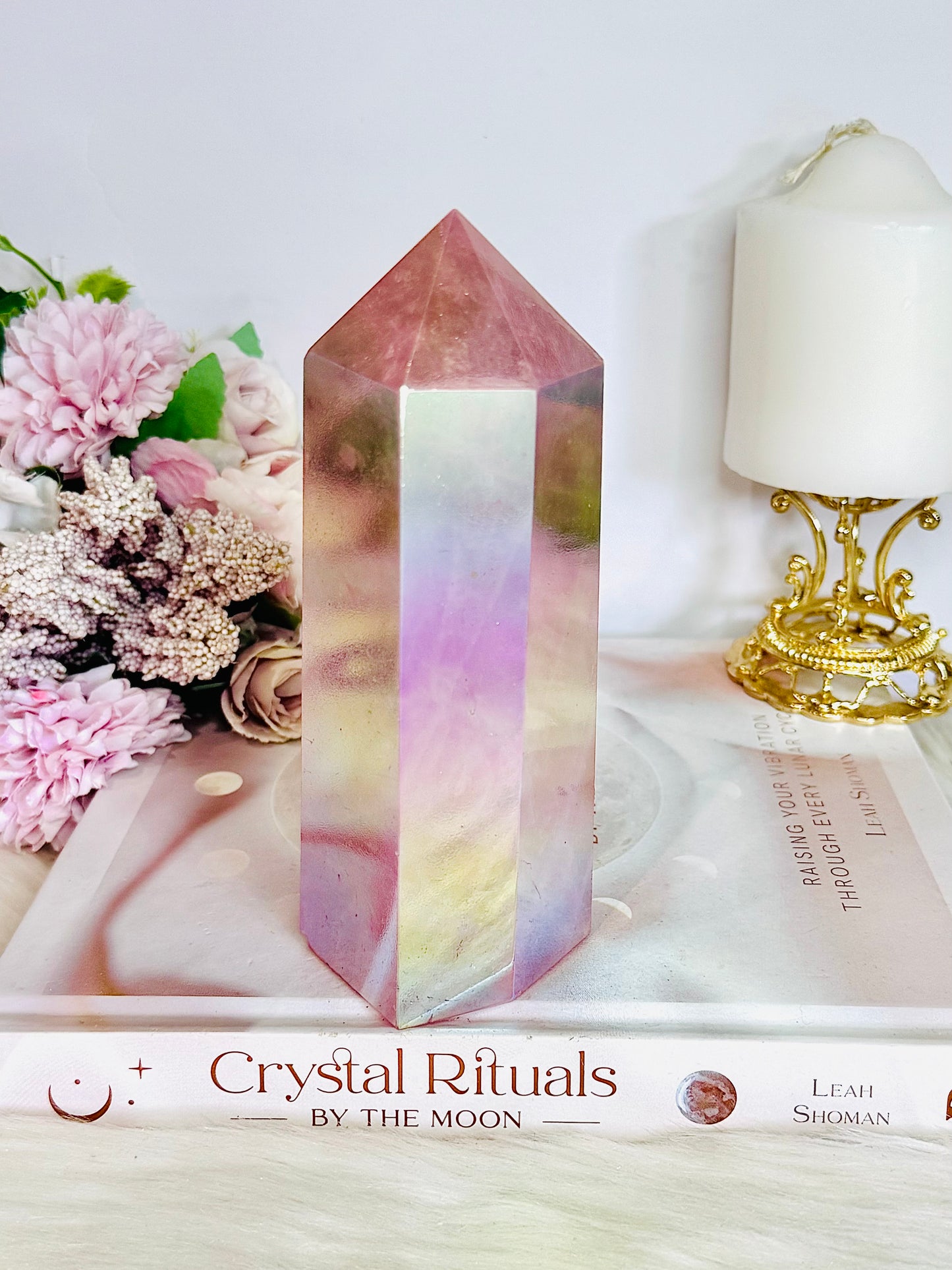 Large Angel Aura Chunky Rose Quartz Tower 15.5cm