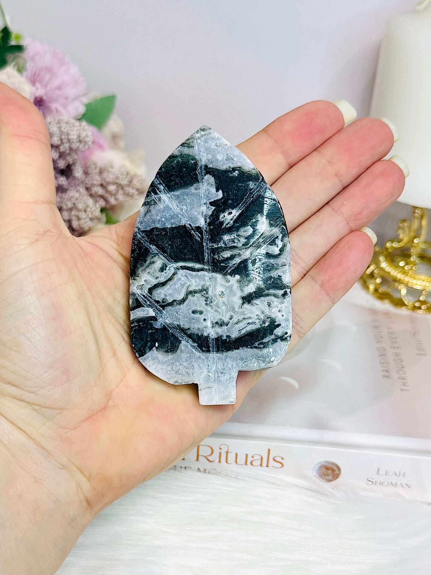Moss Agate Carved Leaf 8cm