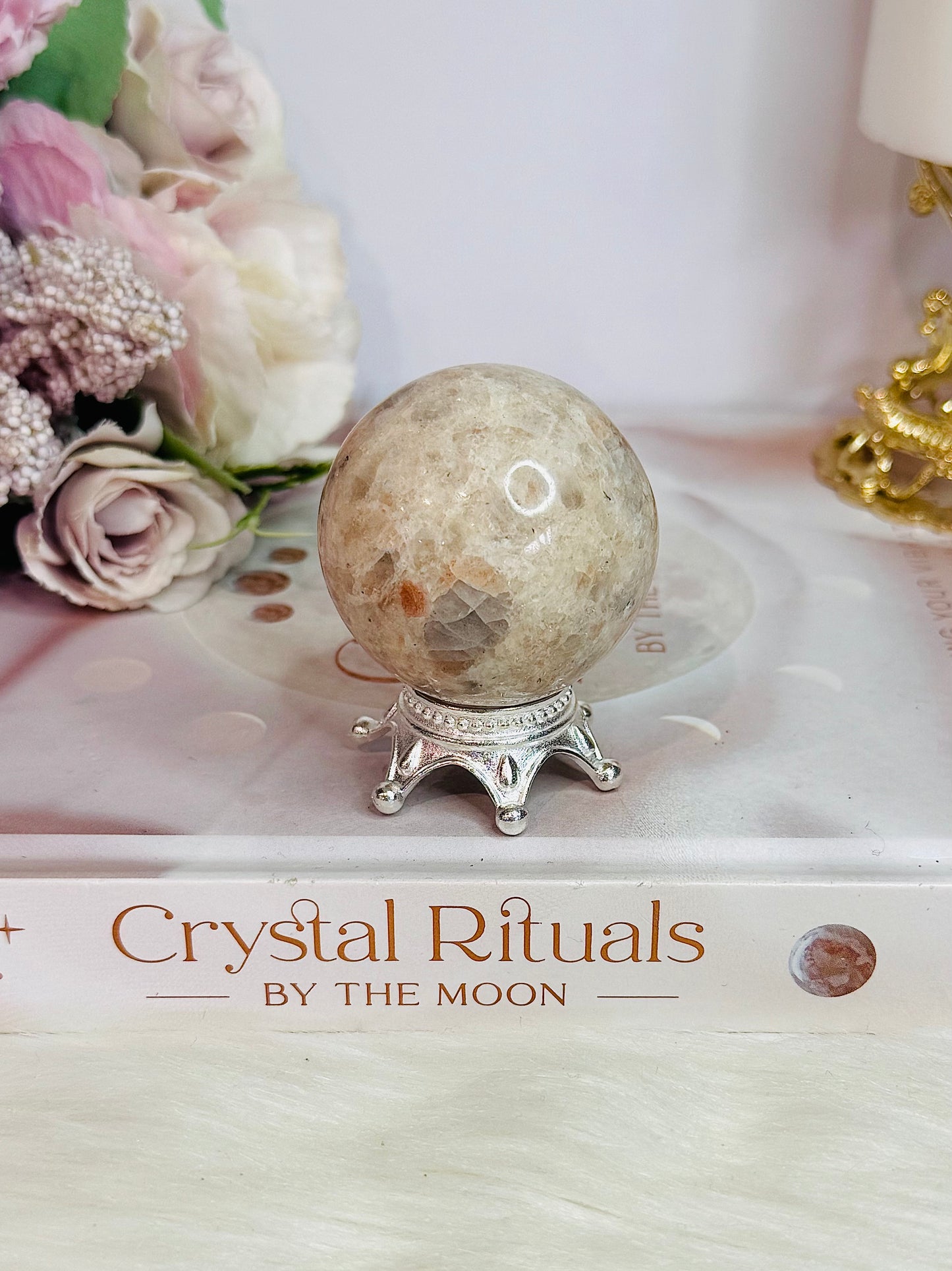 Natural Moonstone with Sunstone Sphere on Stand 126grams