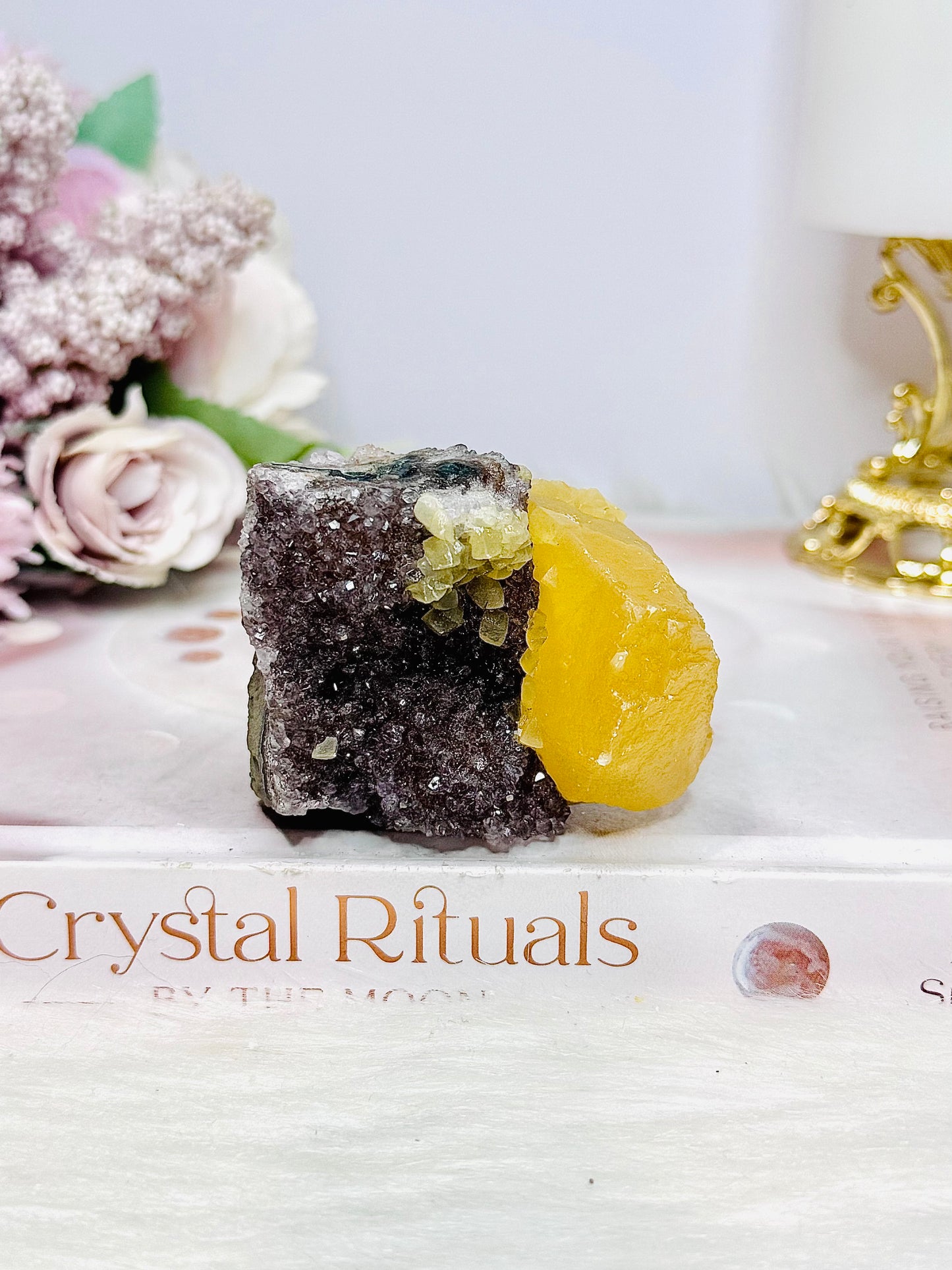 Natural Amethyst Cluster with Orange Calcite Inclusion 149g