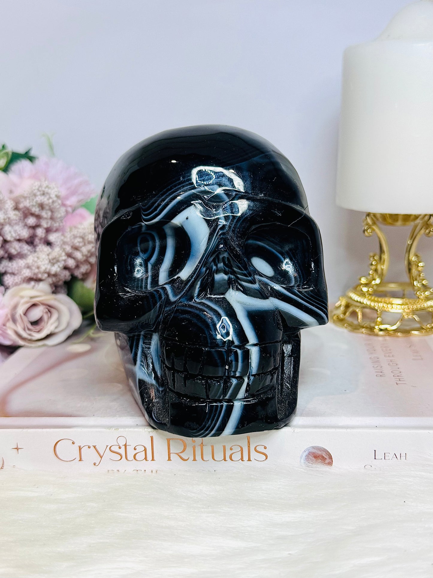 Huge Black Striped Agate Carved Skull 1.85KG 13cm