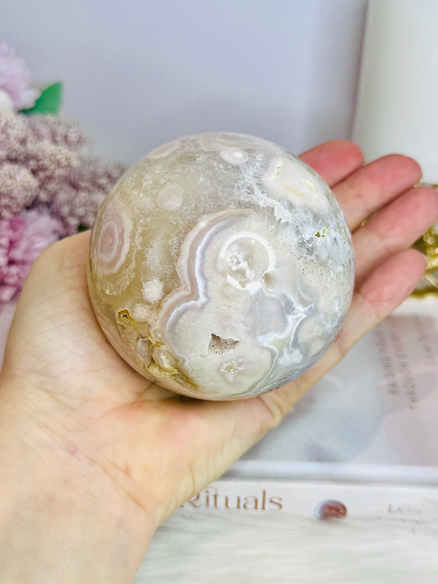 Large Flower Agate Druzy Sphere 646g On Stand