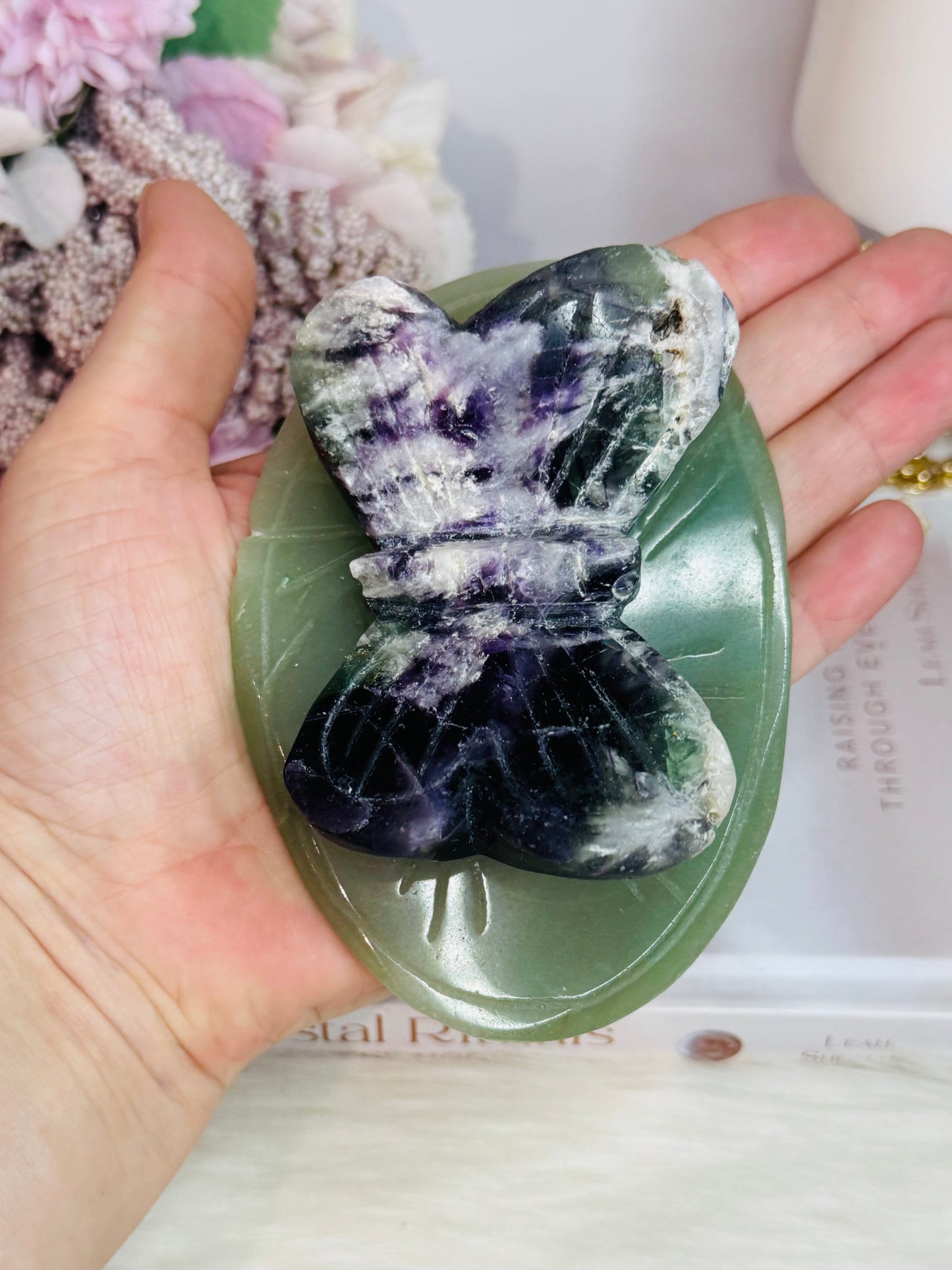 Large Rainbow Fluorite Carved Butterfly On Green Aventurine Lillypad / Leaf 10cm