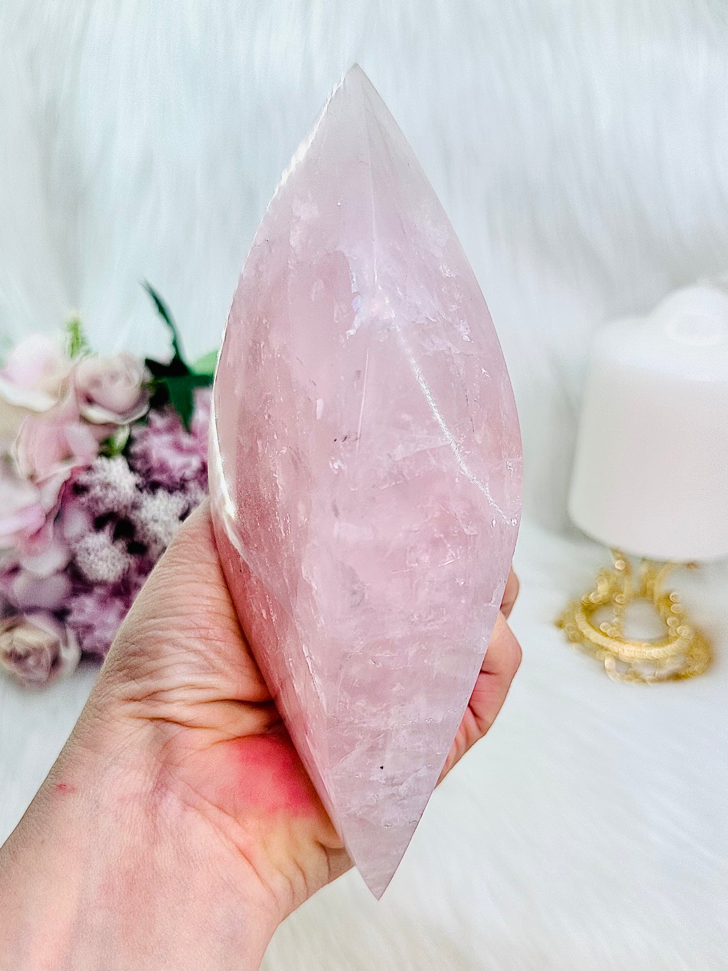 ⚜️ SALE ⚜️ Classy & Absolutely Fabulous Large 28cm Rose Quartz Perfectly Carved Flame with Rainbows On Gold Stand 964grams ~ A Truly Stunning Piece