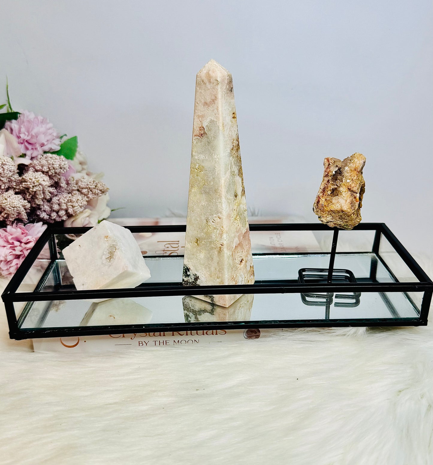 Pink Amethyst Gift Set ~ Black Mirror Tray 26cm, Large Pink Amethyst Obelisk Tower, Pink Amethyst Geode on Stand & Pink Amethyst Druzy Cube