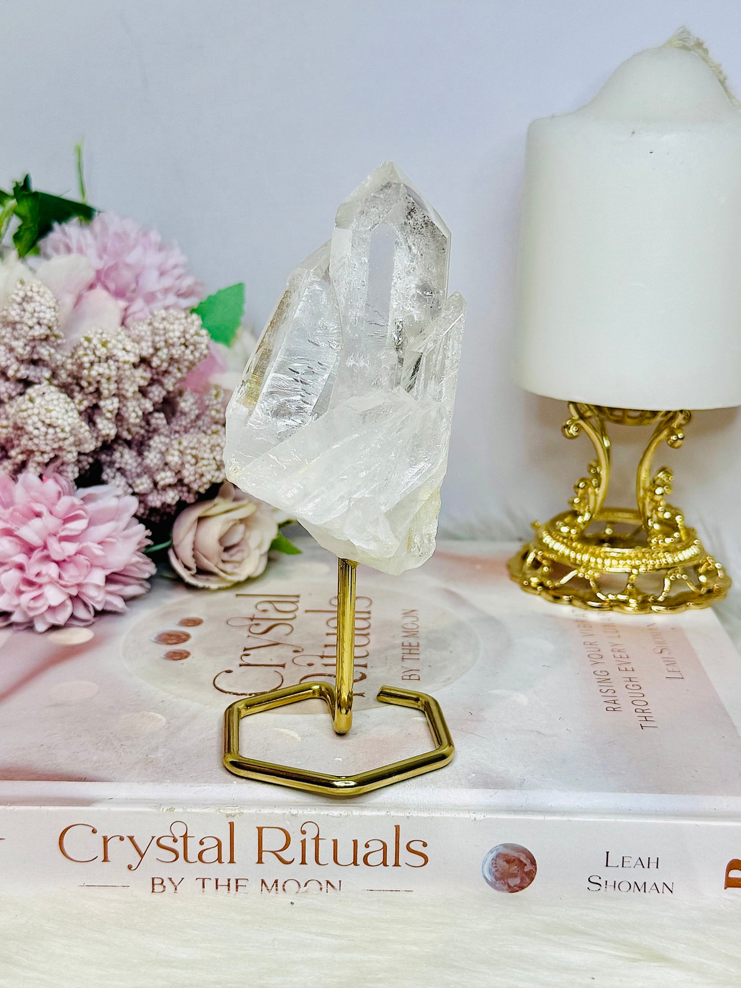 Clear Quartz Cluster on Gold Stand 13cm