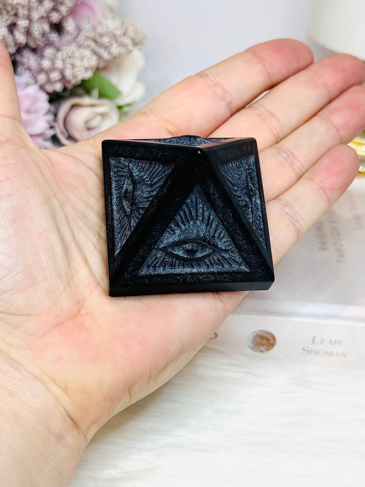 Black Tourmaline Evil Eye Carved Pyramid 5cm