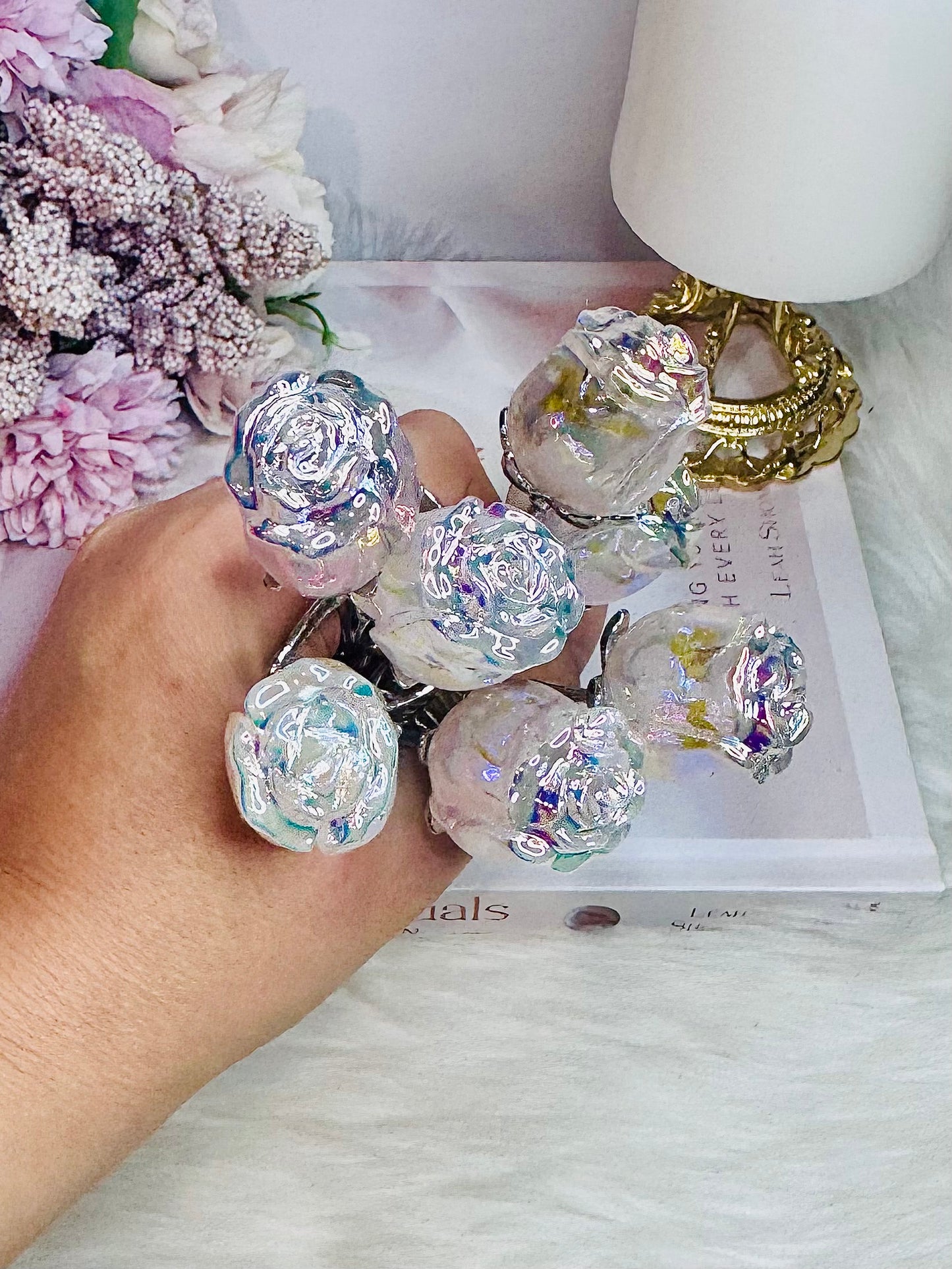 ⚜️ SALE ⚜️ Aura Rose Quartz Carved Forever Rose 15cm with Silver Stem $15 each