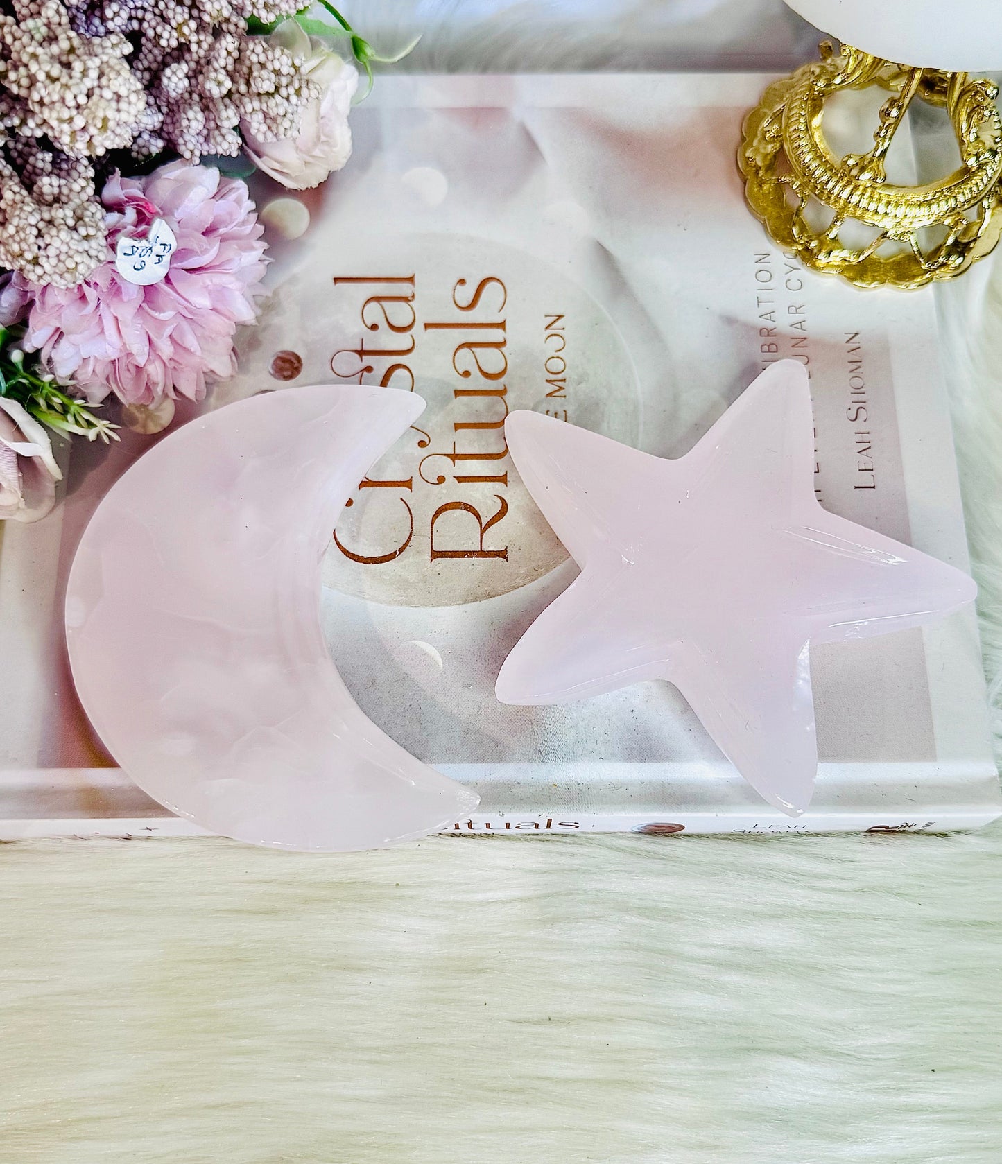 Pink Mangano Calcite UV Reactive Carved Moon & Star Bowl Set