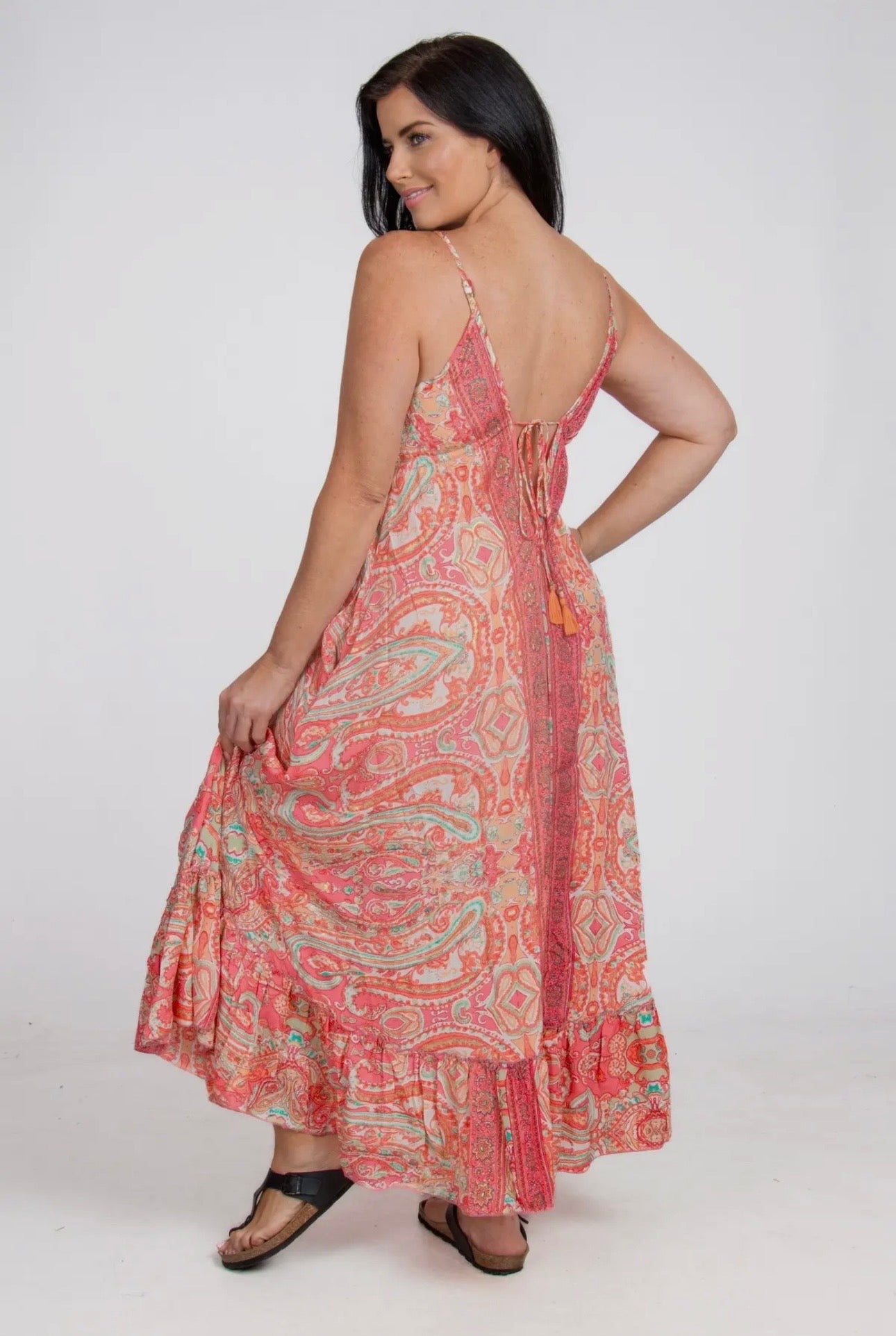 Long Boho Silk Strappy Dress with Pockets One Size