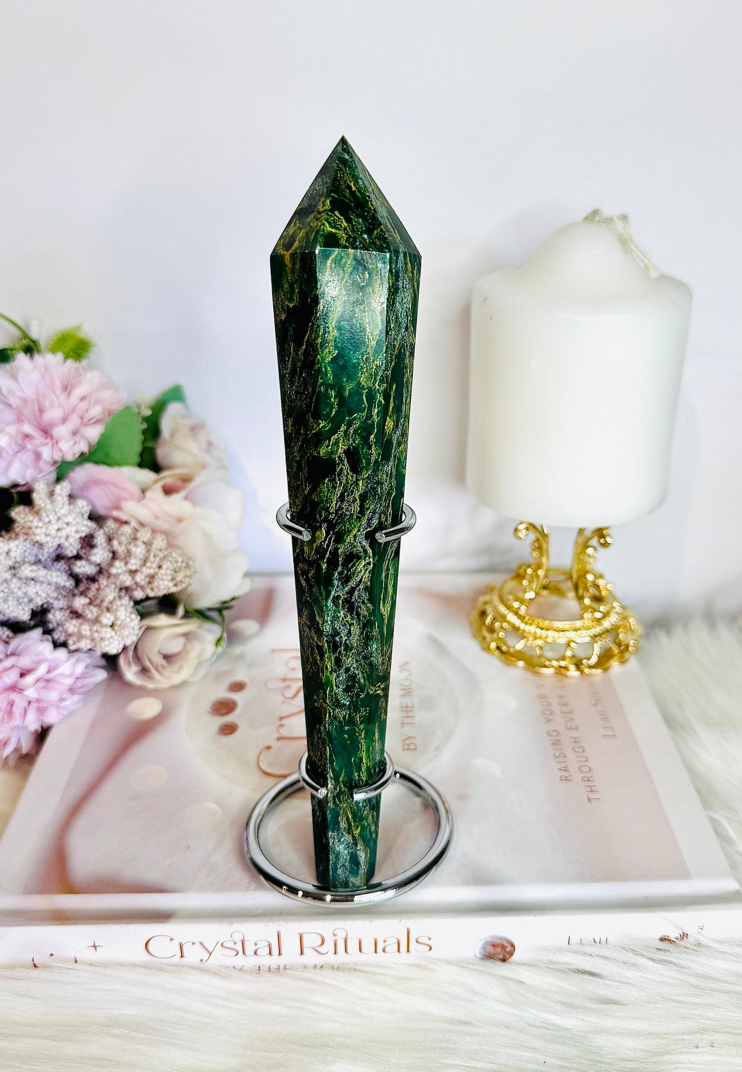 Emerald Jasper Carved Wand | Tower on Stand 19.5cm