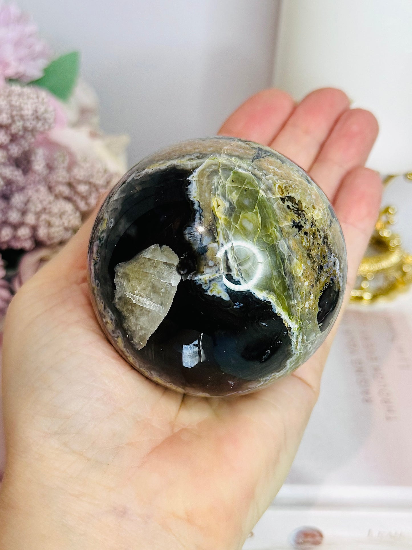 Large Volcano Agate (UV Reactive) Sphere On Stand 394g