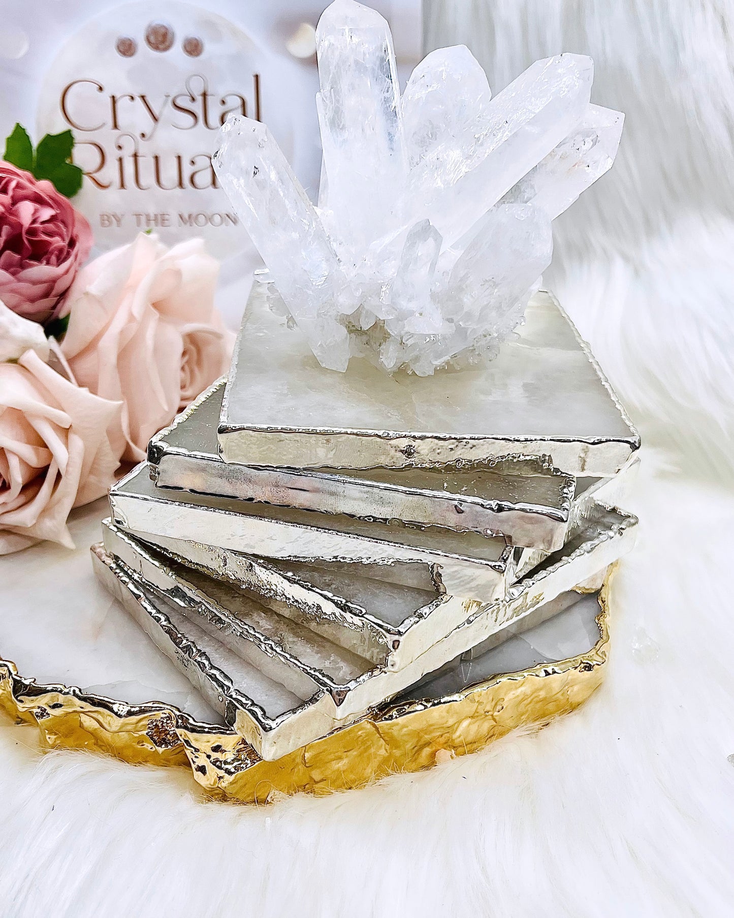 Classy & Fabulous Clear Quartz Silver Plated Slab | Coaster From Brazil $30 each
