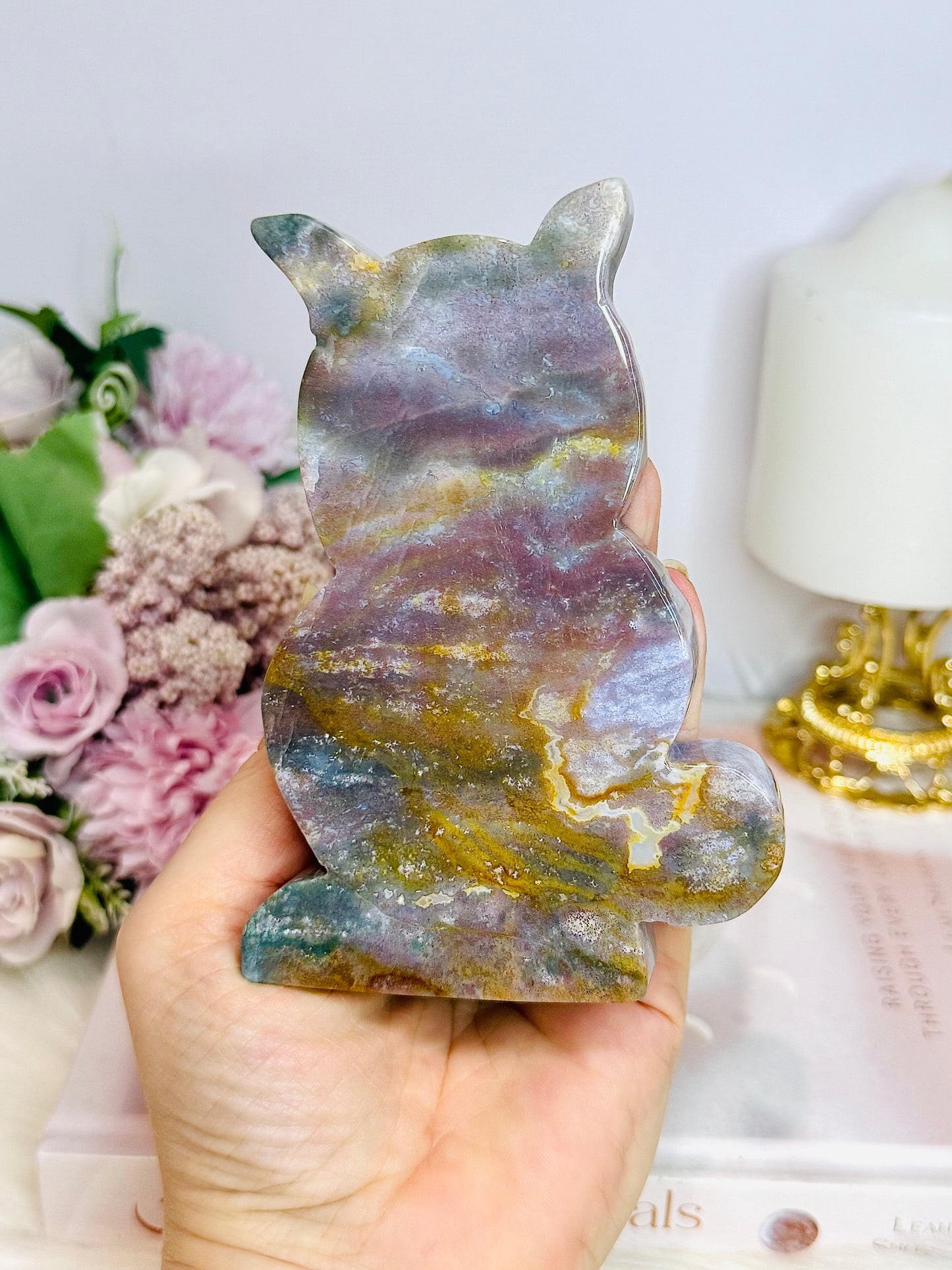 Ocean Jasper Cat Carving 13cm