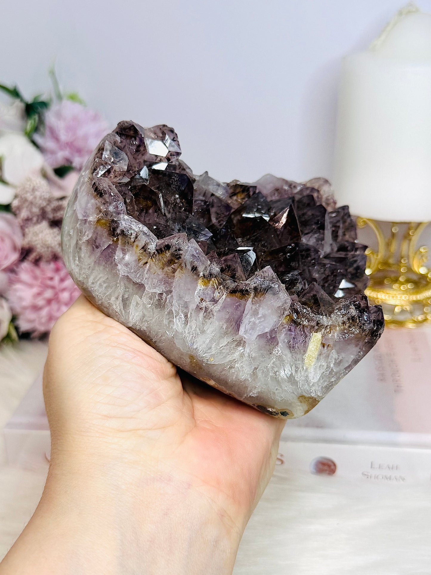 Large Natural Amethyst Carved Chunky Heart 944g with Goethite Inclusions