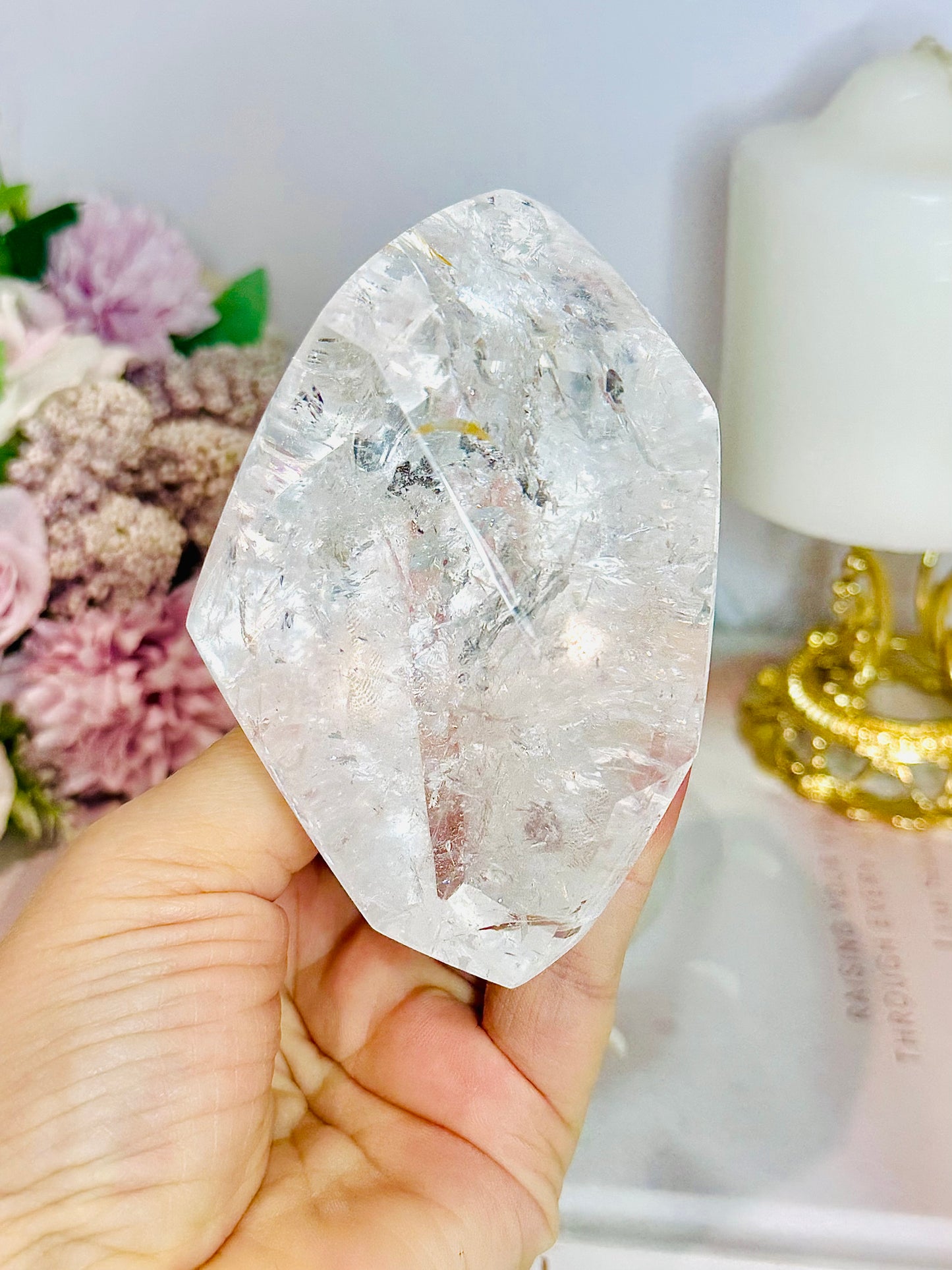 Large High Grade Clear Quartz Polished Freeform with Rainbows 346g