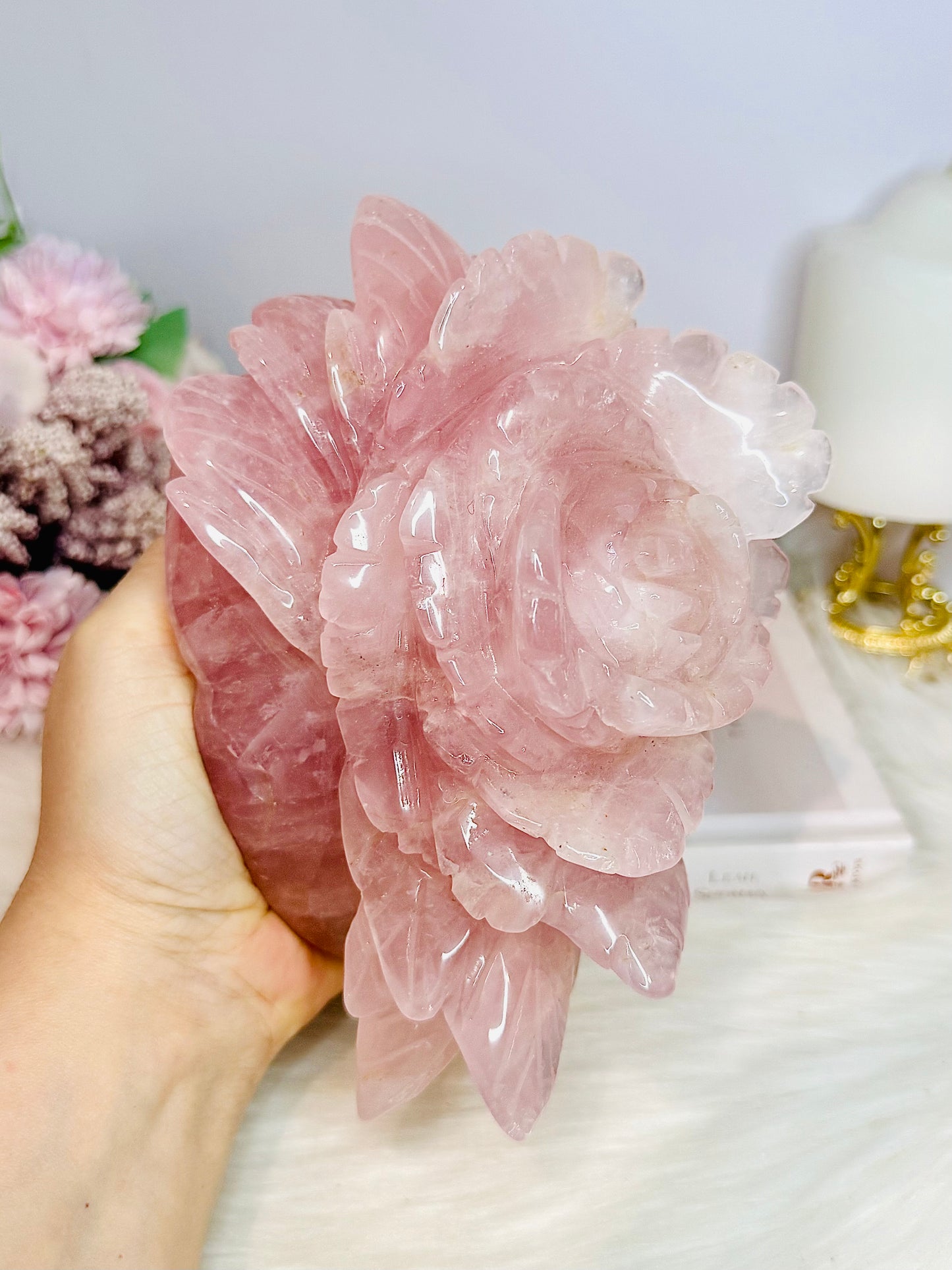 Huge Rose Quartz Carved Flower | Rose 1.4KG
