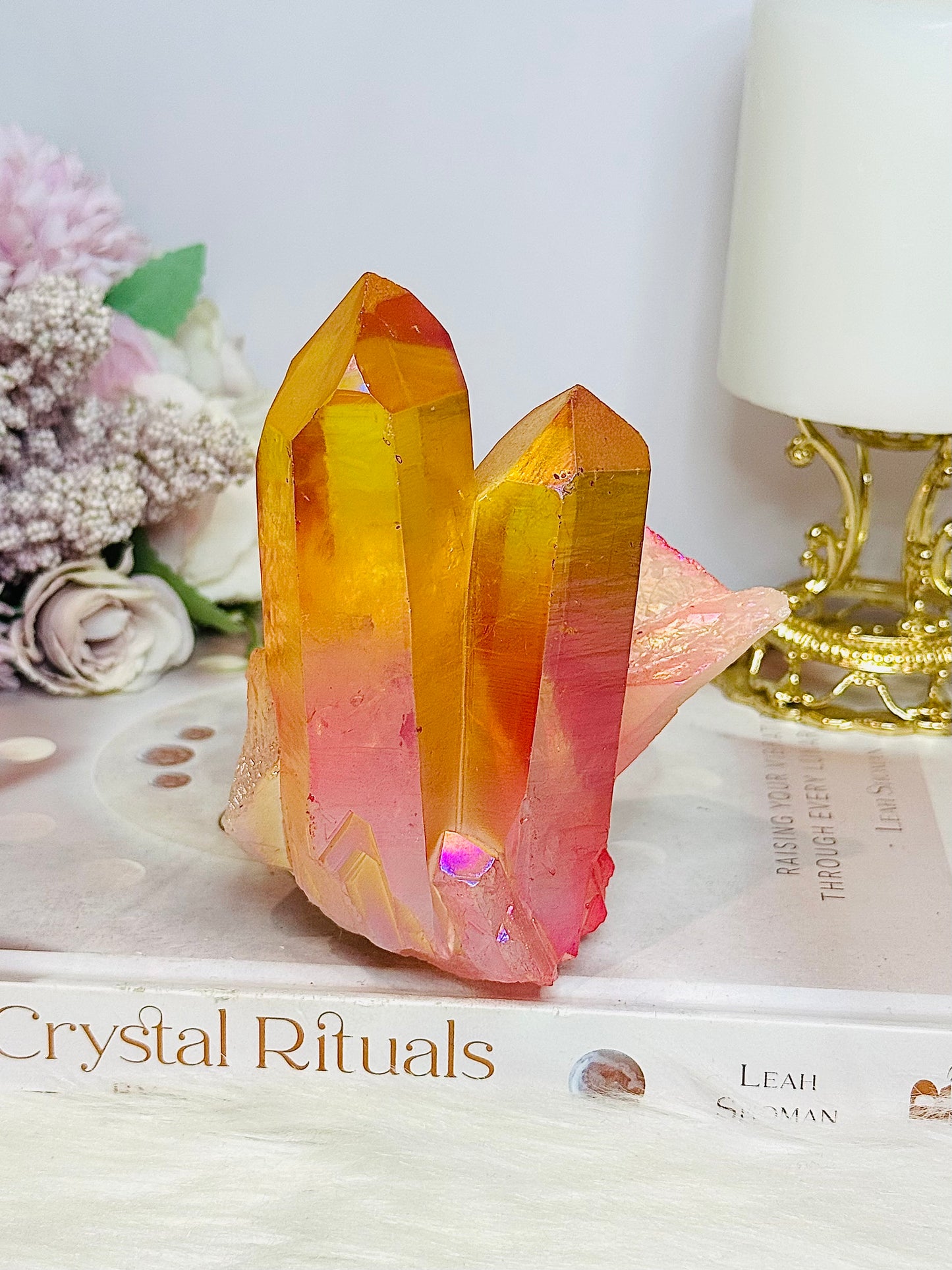 Orange Coated Angel Aura Quartz Cluster 490g