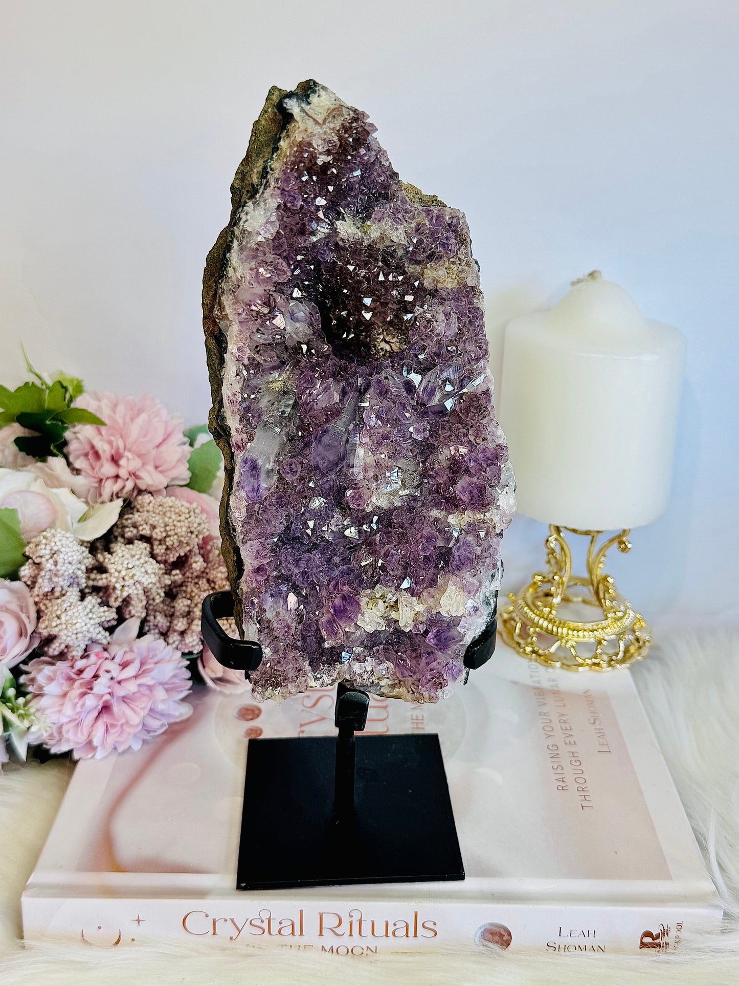 High Grade Amethyst Natural Cluster Slab with Stalactite Formations On Custom Stand 23cm 1.03KG