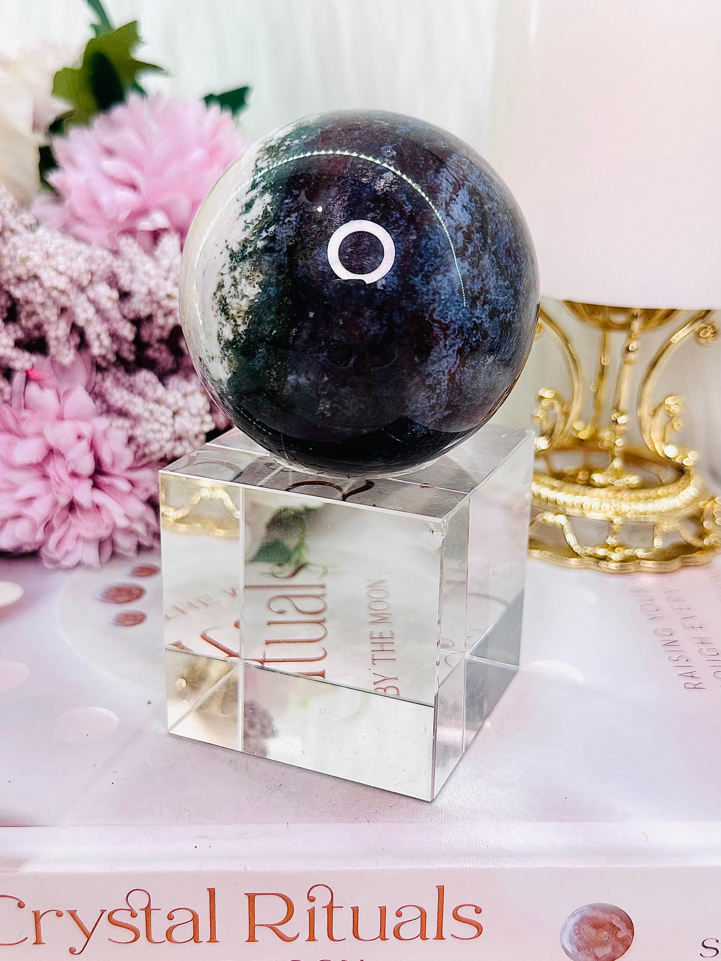 Peace & Tranquility ~ Beautiful Moss Agate Sphere On Stand 291grams (Glass stand in pic is display only)