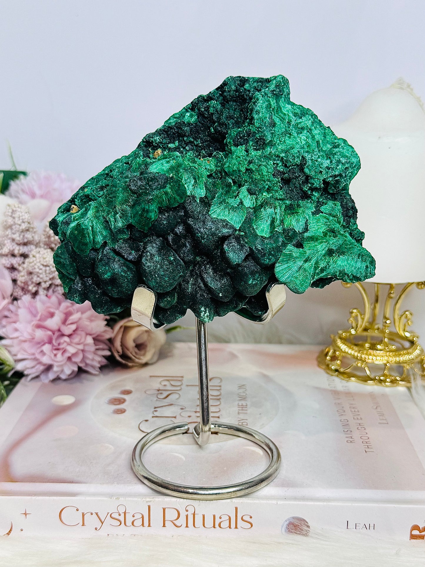 High Grade Velvet Botryoidal Malachite Natural Specimen on Stand 882g 15cm
