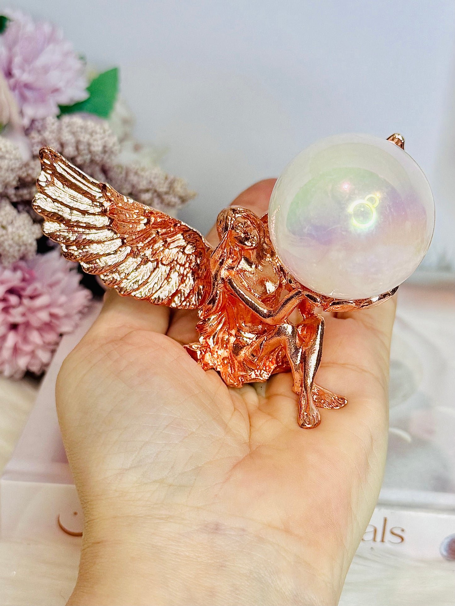 Rose Gold Fairy Stand with Angel Aura Rose Quartz Sphere