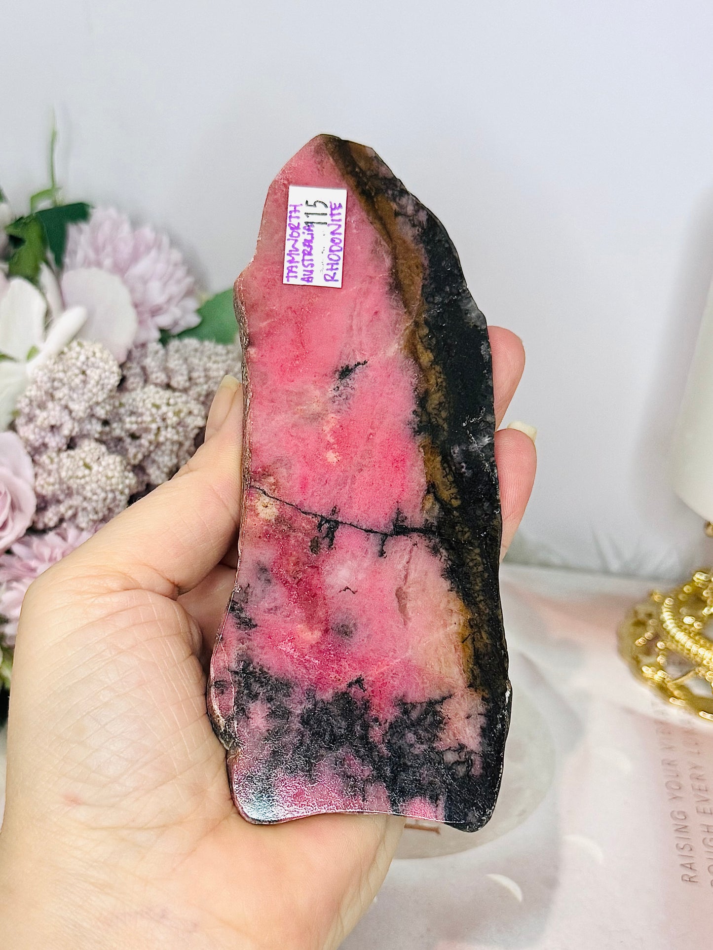 High Grade Rhodonite Slab on Stand 15cm