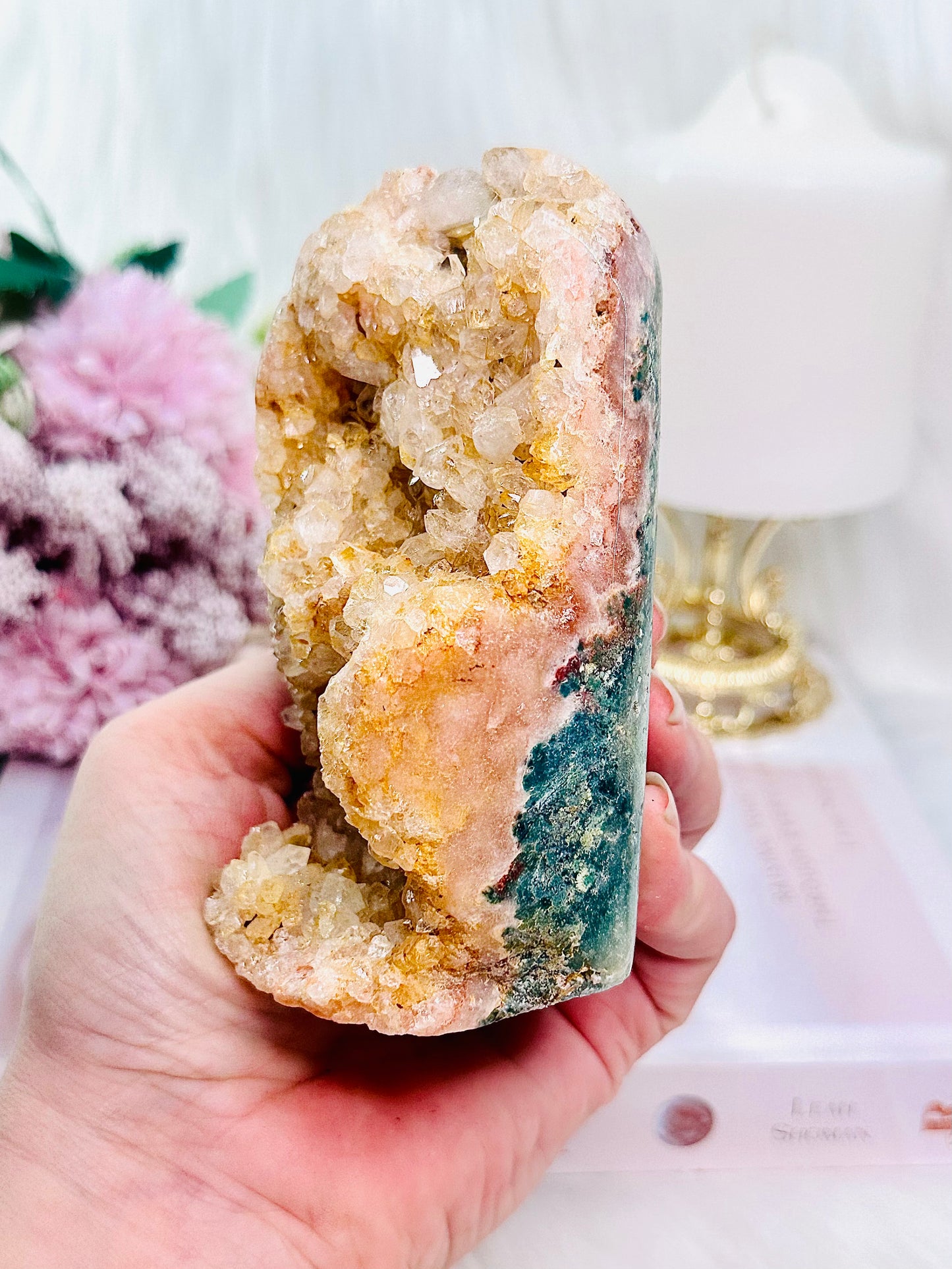 ⚜️ SALE ⚜️ Chunky 11cm Druzy Pink Amethyst Freeform Over Half A Kg From Uruguay with Green Jasper Inclusions