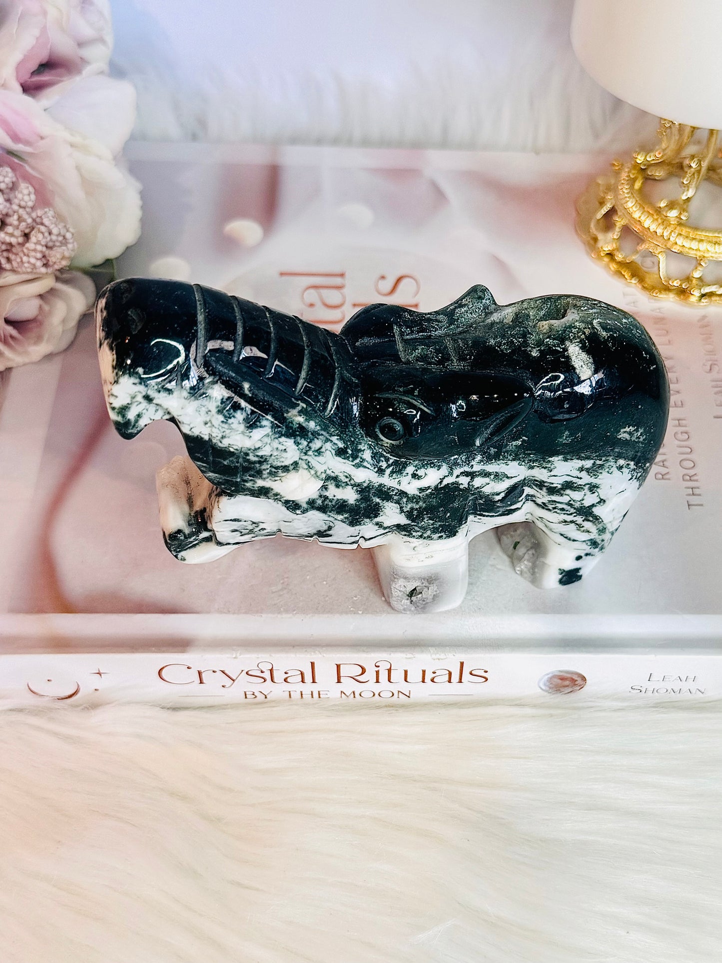 Beautiful Large Green Moss Agate Carved Hippopotamus 14cm 475grams