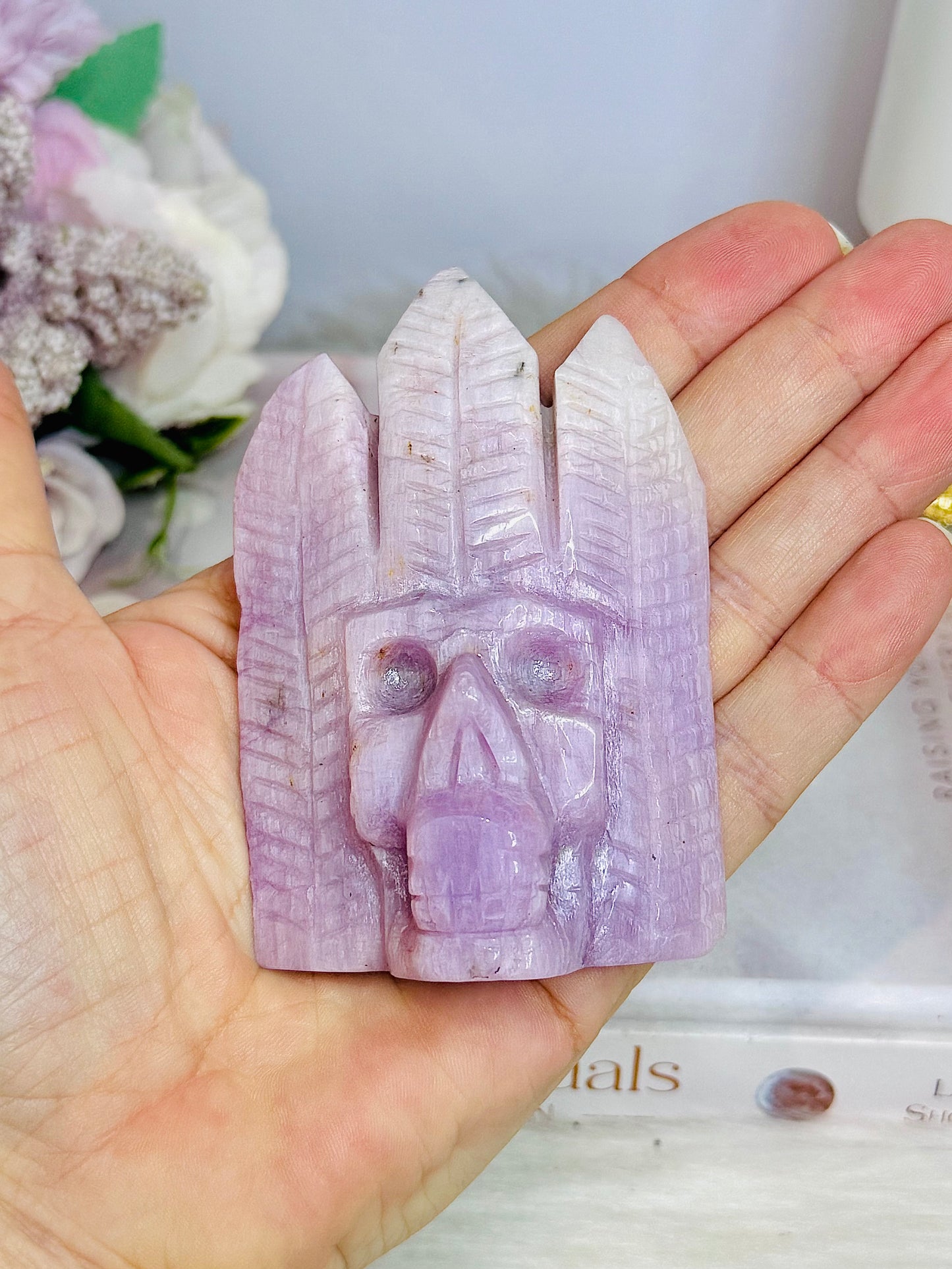 High Grade Kunzite Carved Indian Skull 8cm
