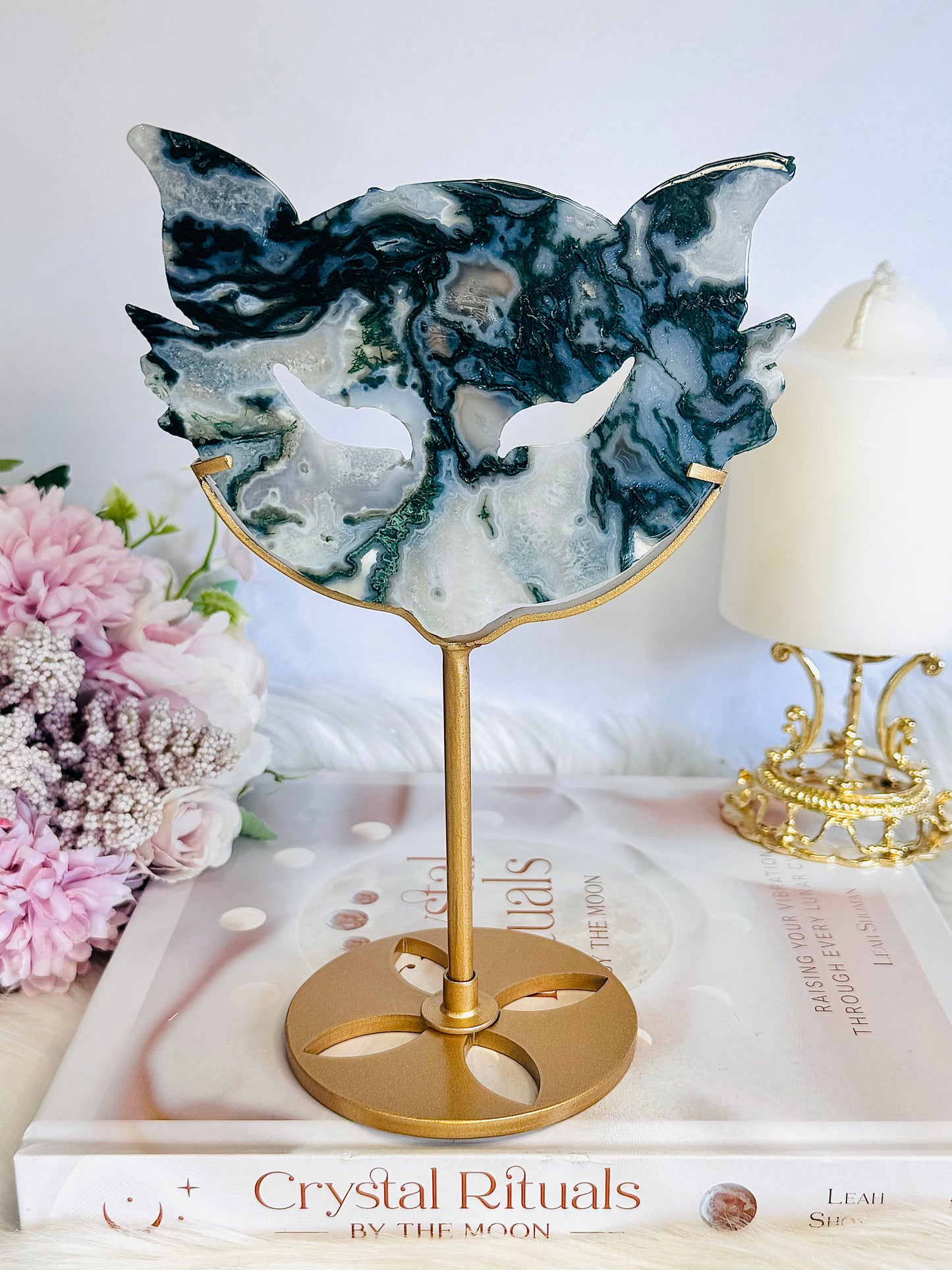 ⚜️ SALE ⚜️ Large 20cm (Inc Stand) High Grade Moss Agate Cat Mask On Gold Stand